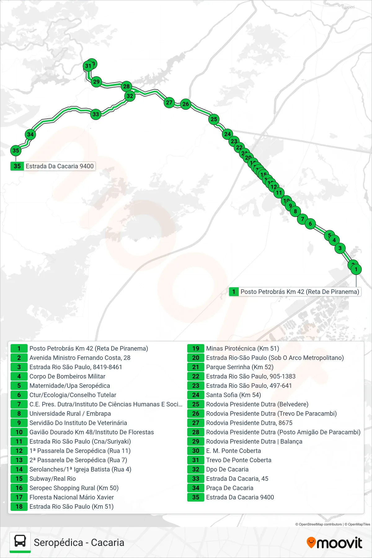 Rota e paradas da linha de ônibus 438P (Cacaria) no mapa