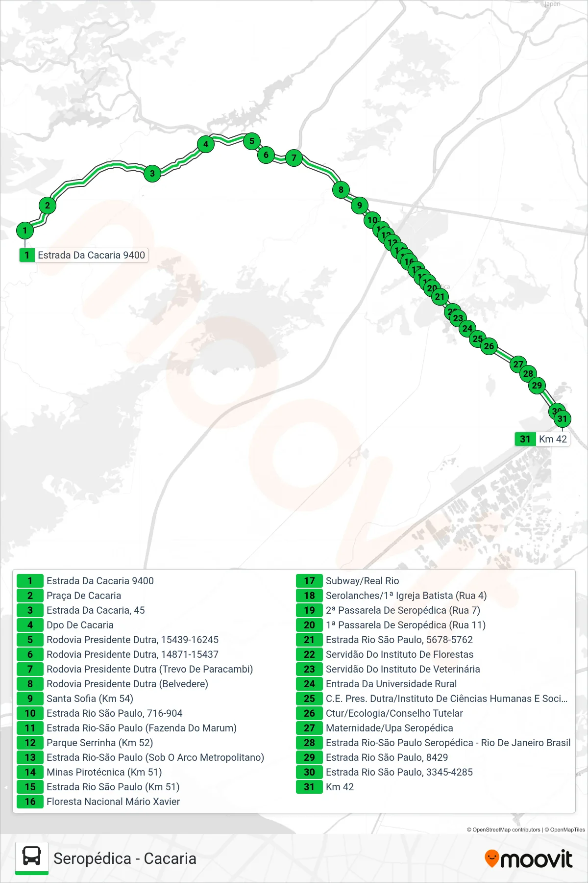 Rota e paradas da linha de ônibus 438P (Seropédica) no mapa