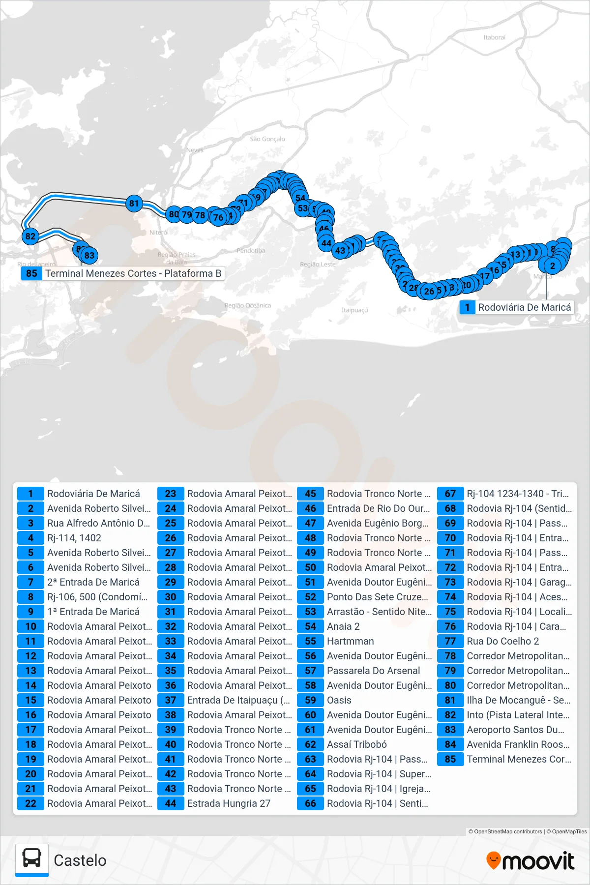 Rota e paradas da linha de ônibus 2146D (EXECUTIVO) (Castelo) no mapa
