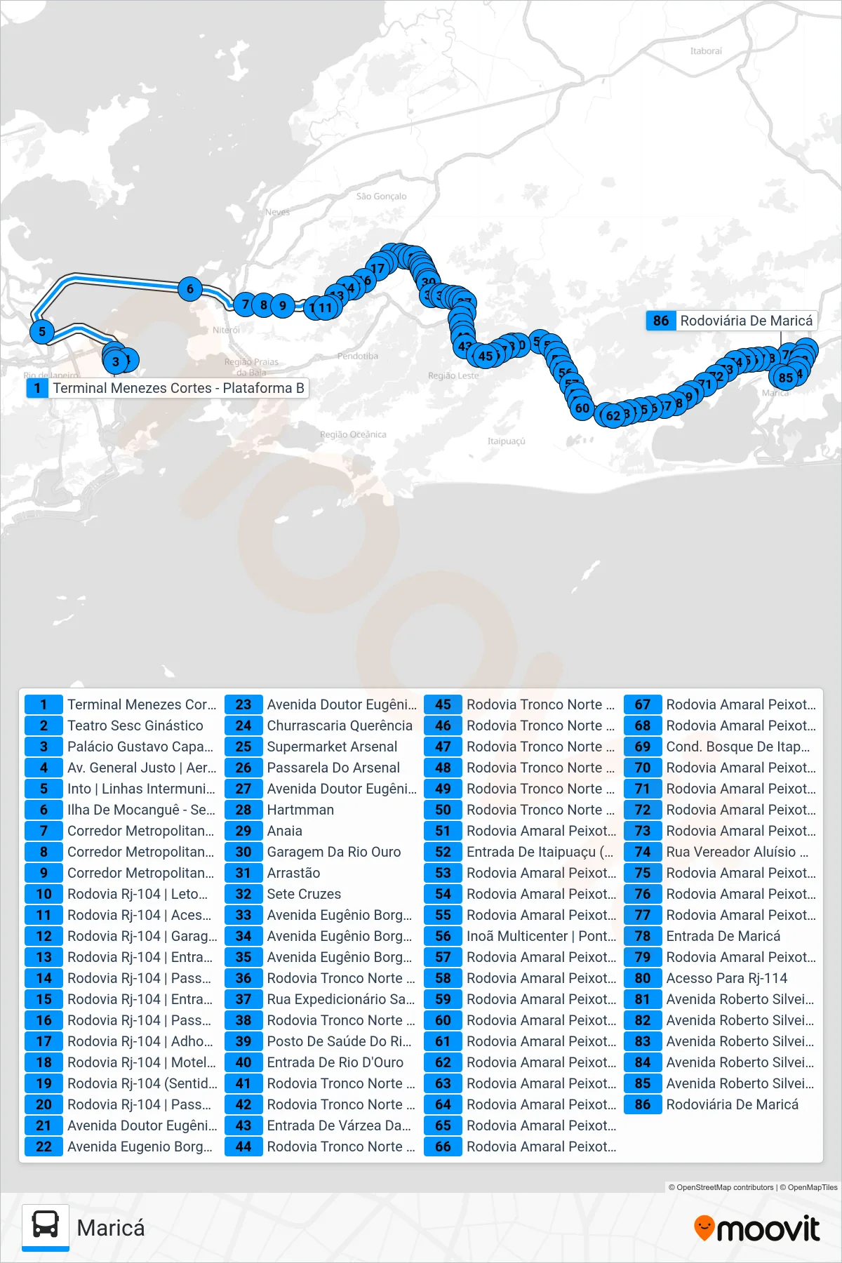 Rota e paradas da linha de ônibus 2146D (EXECUTIVO) (Maricá) no mapa