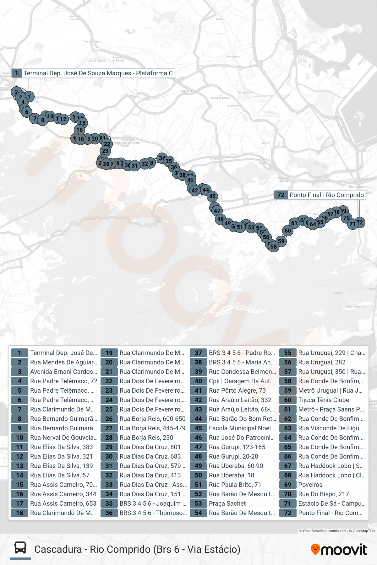 Rota e paradas da linha de ônibus 607 (Rio Comprido) no mapa