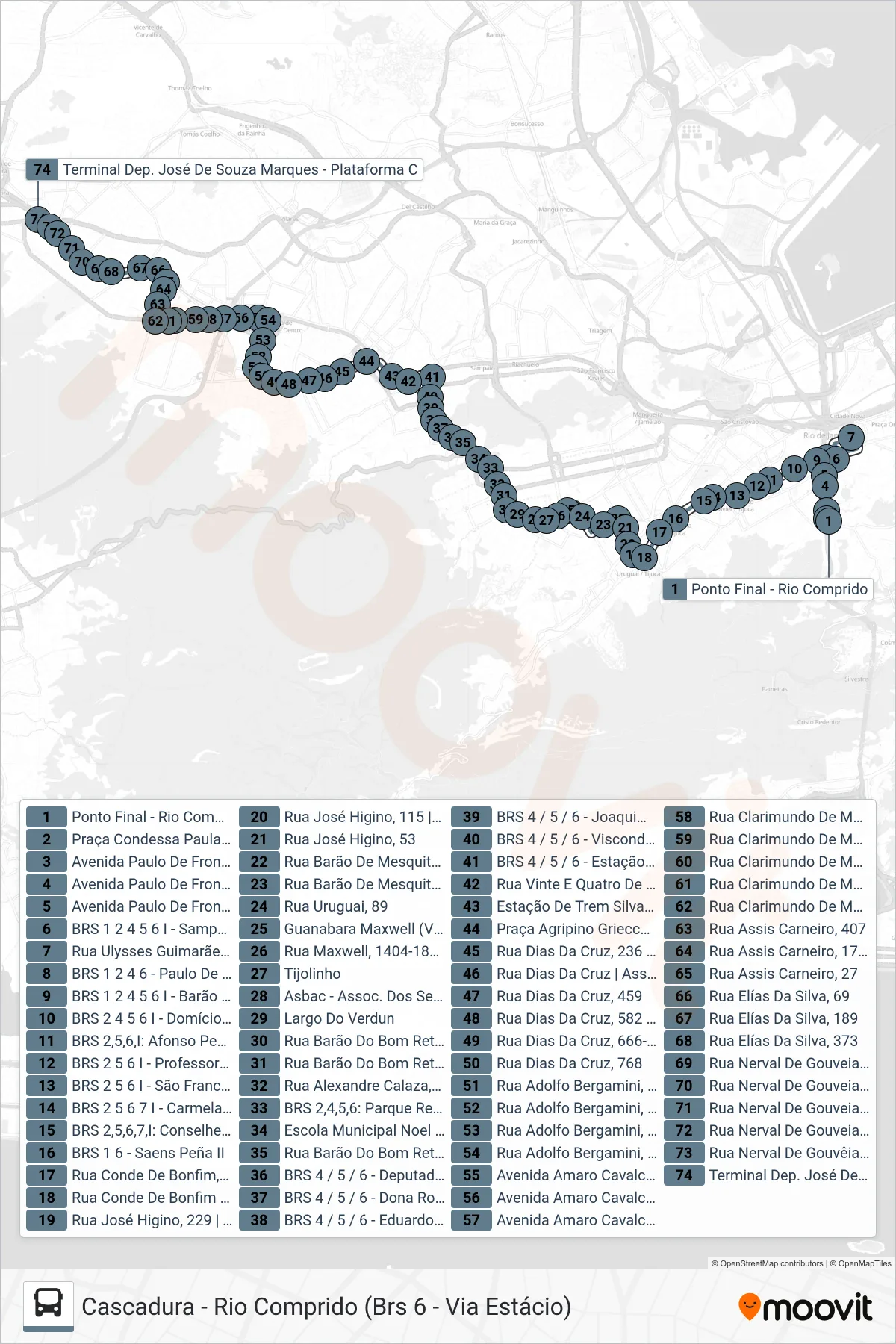 607 bus Line (Cascadura) route and stops on a map