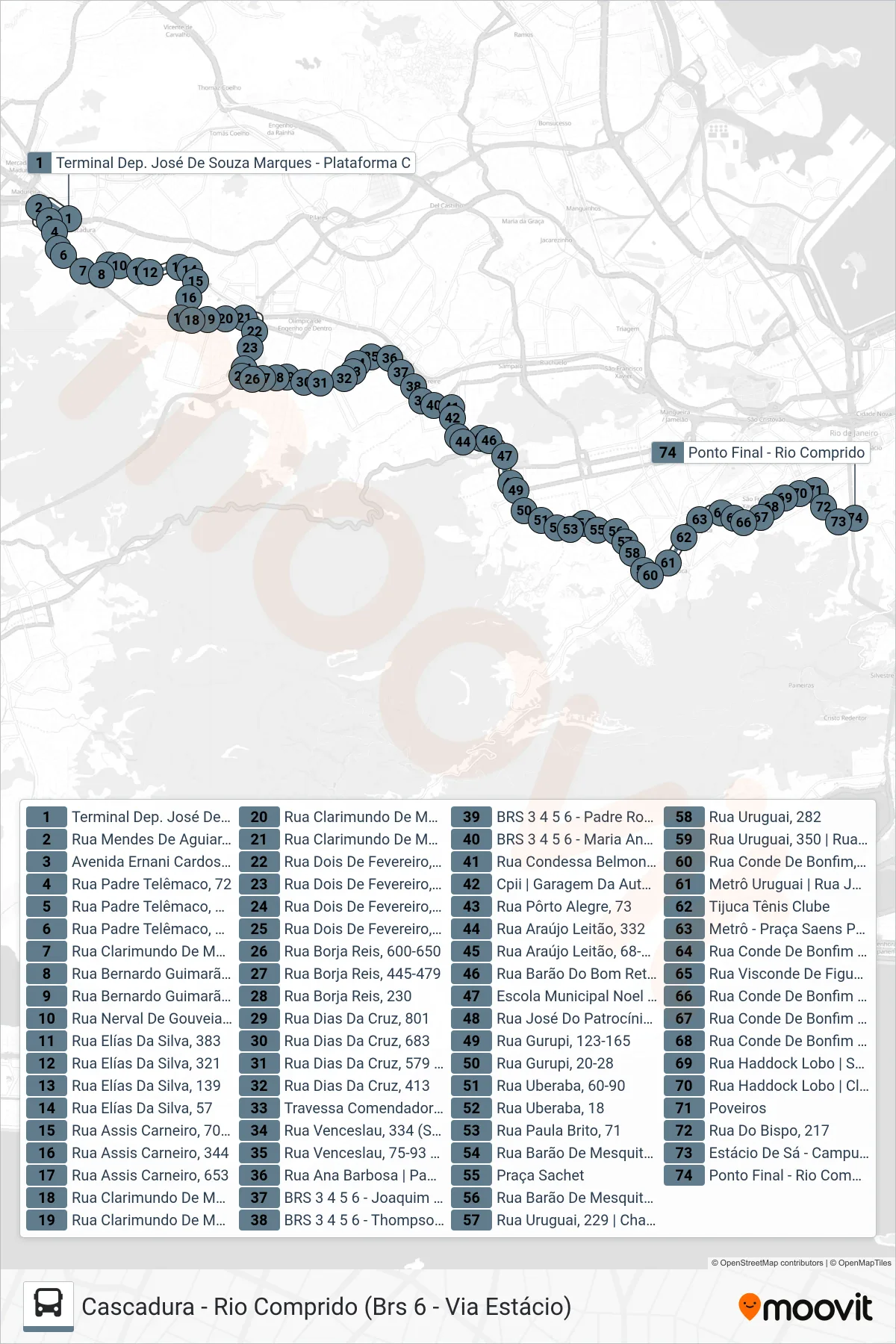 607 bus Line (Rio Comprido (Área De Lazer)) route and stops on a map
