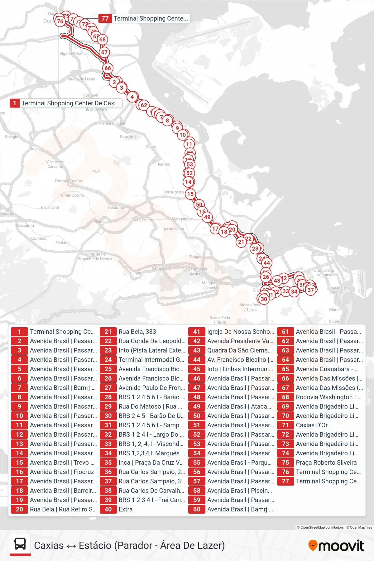 Rota e paradas da linha de ônibus 108C (Caxias ↔ Estácio (Parador - Área De Lazer)) no mapa