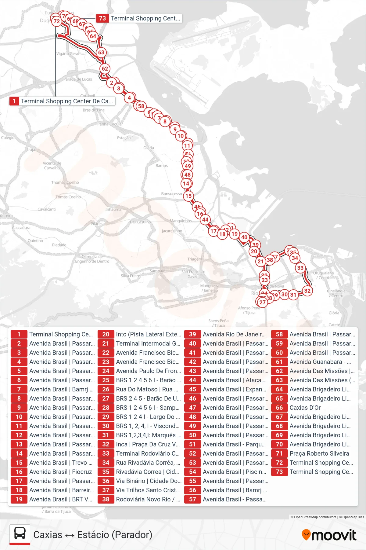 Rota e paradas da linha de ônibus 108C (Caxias ↔ Estácio (Parador)) no mapa