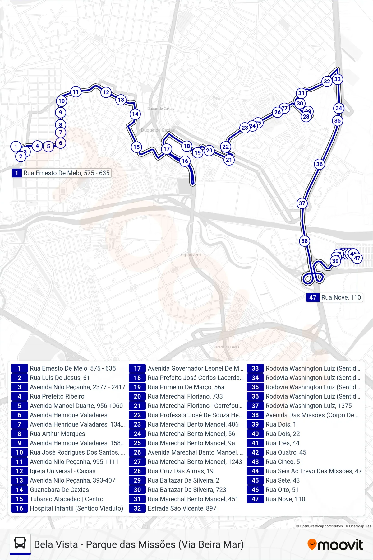 Rota e paradas da linha de ônibus  20  (Parque Das Missões) no mapa