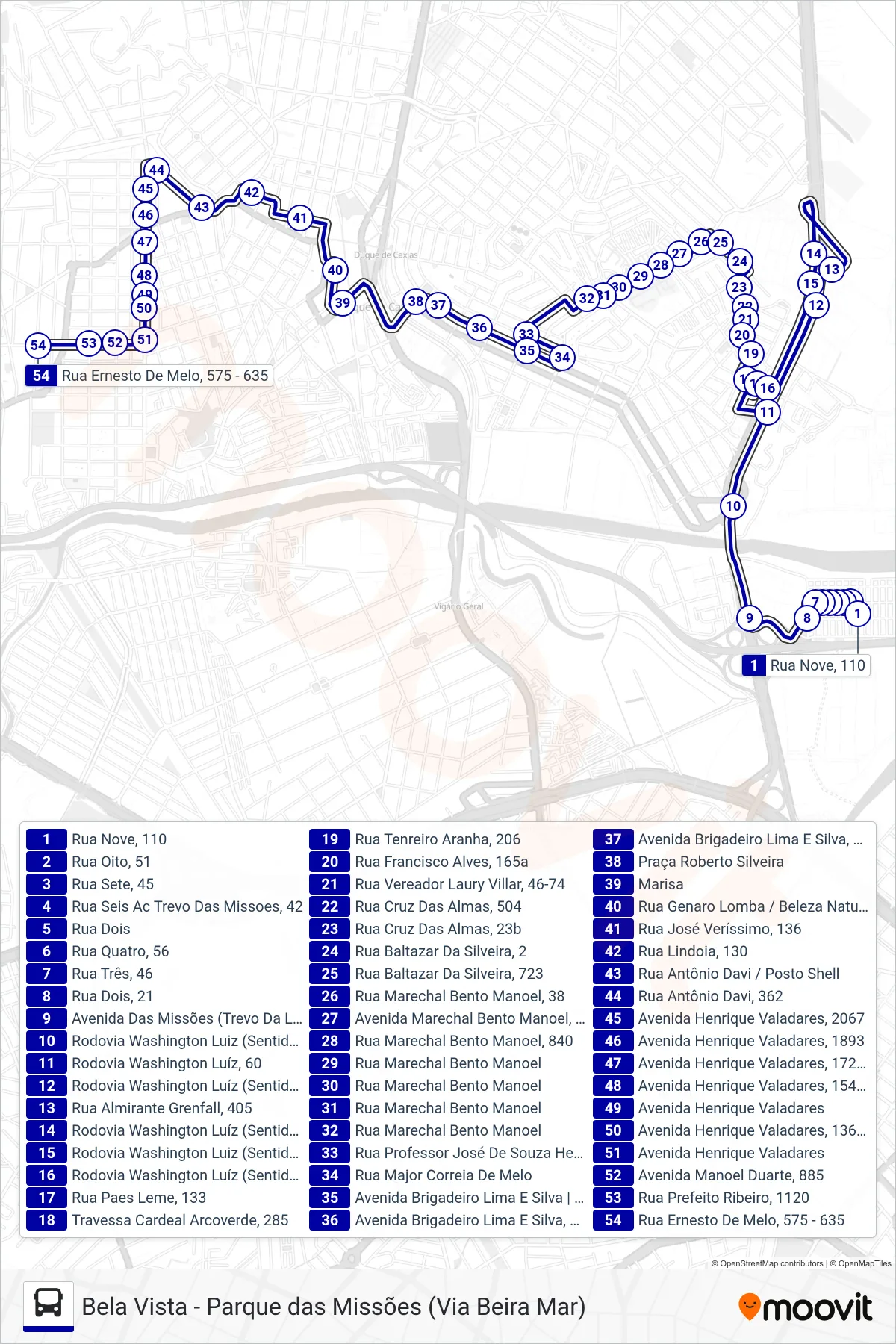 Rota e paradas da linha de ônibus 20 (Bela Vista) no mapa