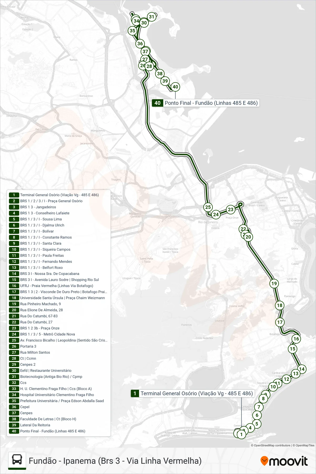 Rota e paradas da linha de ônibus 485 (Fundão) no mapa