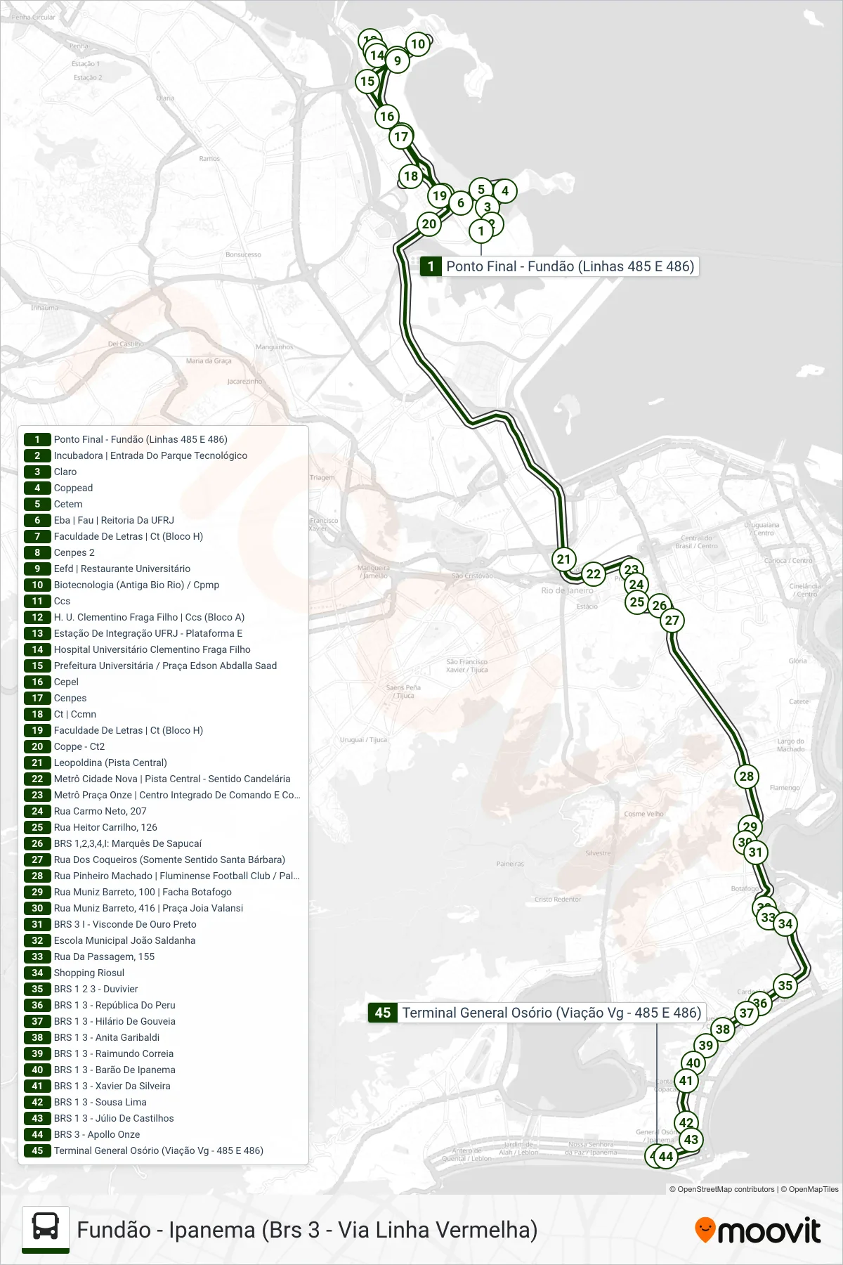 Rota e paradas da linha de ônibus 485 (Ipanema) no mapa
