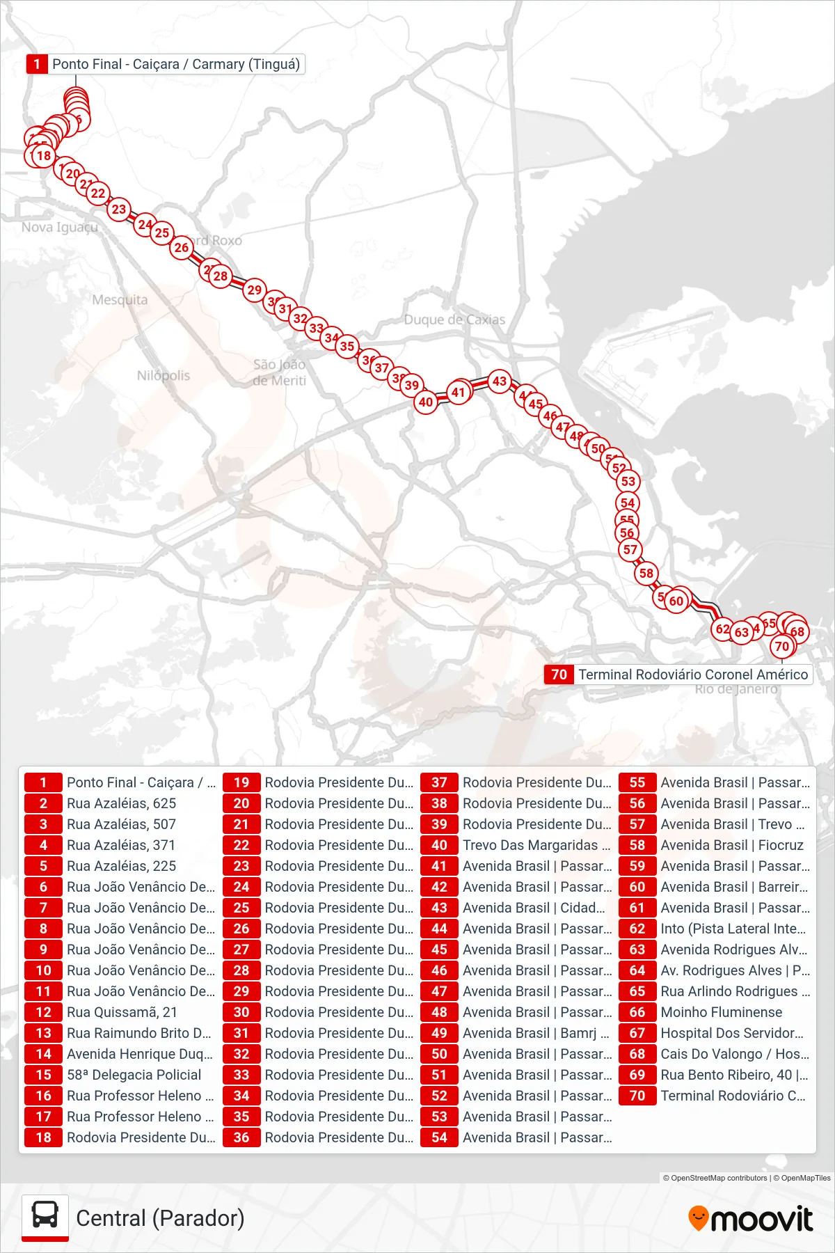 Rota e paradas da linha de ônibus 498B (Central (Parador)) no mapa