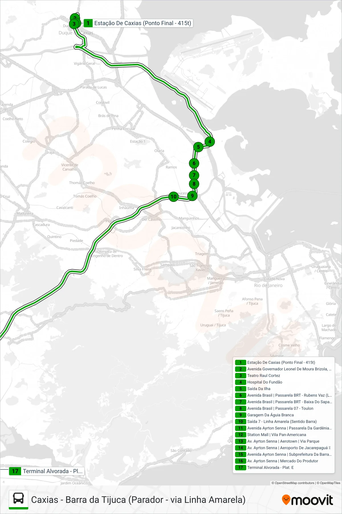 Rota e paradas da linha de ônibus 415T (Barra Da Tijuca) no mapa