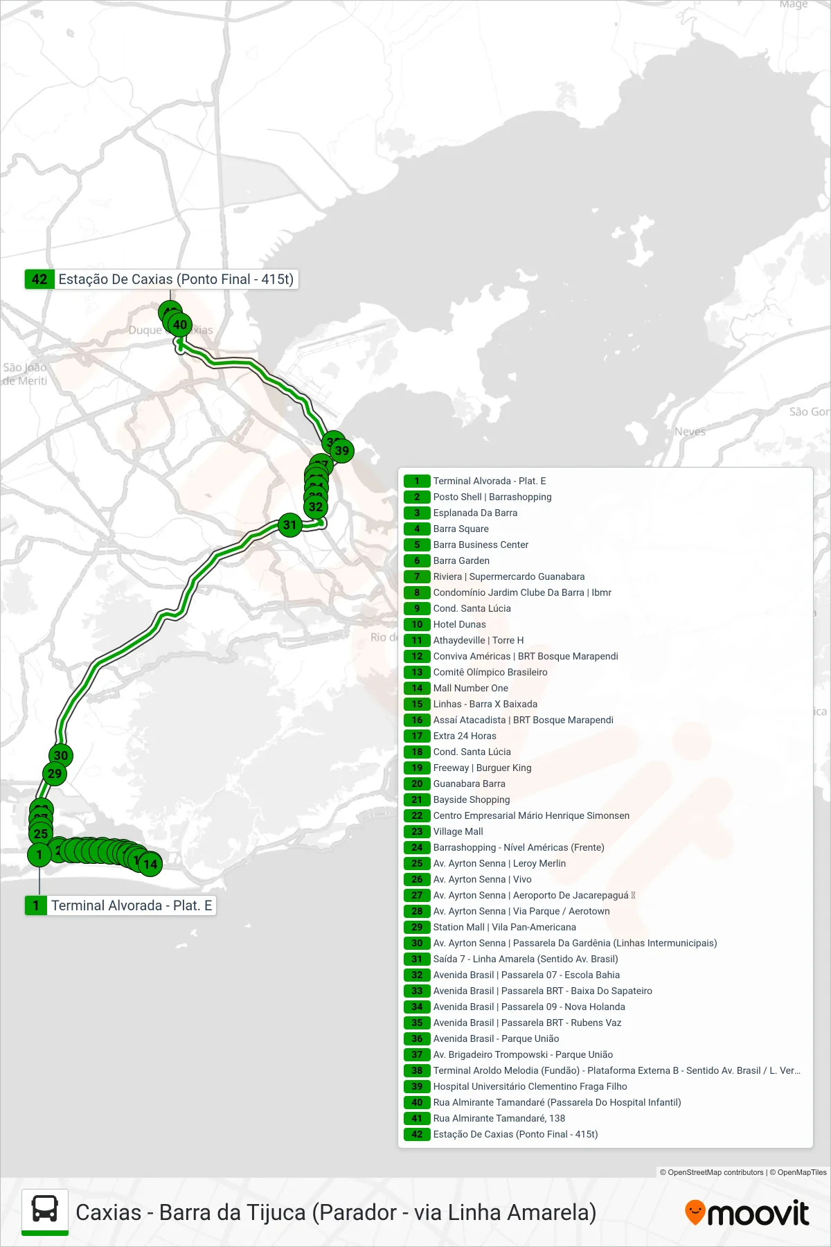 Rota e paradas da linha de ônibus 415T (Caxias (Via Fundão)) no mapa