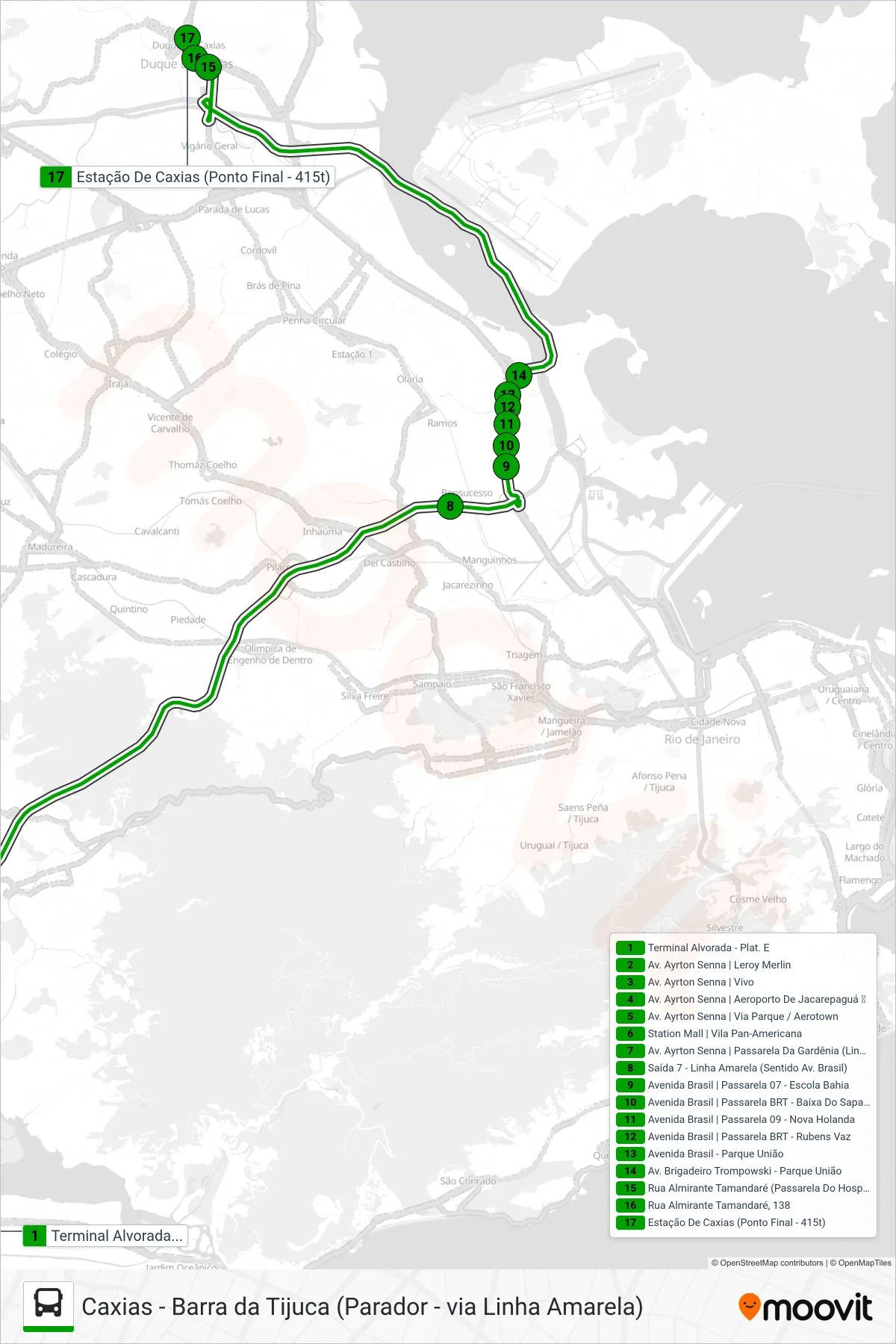 Rota e paradas da linha de ônibus 415T (Caxias (Expresso)) no mapa