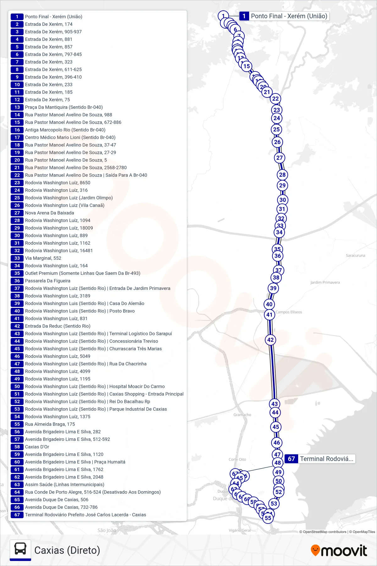 01 bus Line (Caxias (Direto)) route and stops on a map