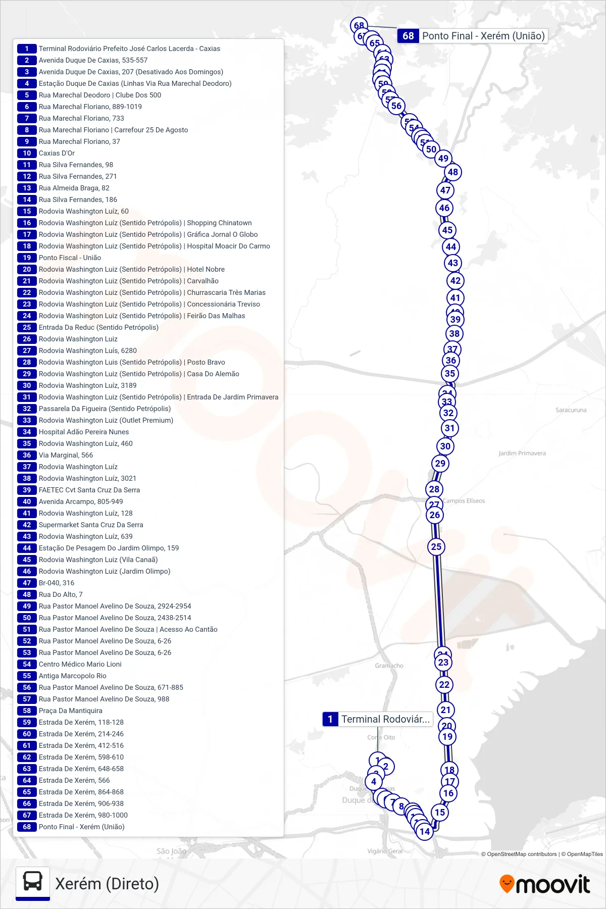 01 bus Line (Xerém (Direto)) route and stops on a map
