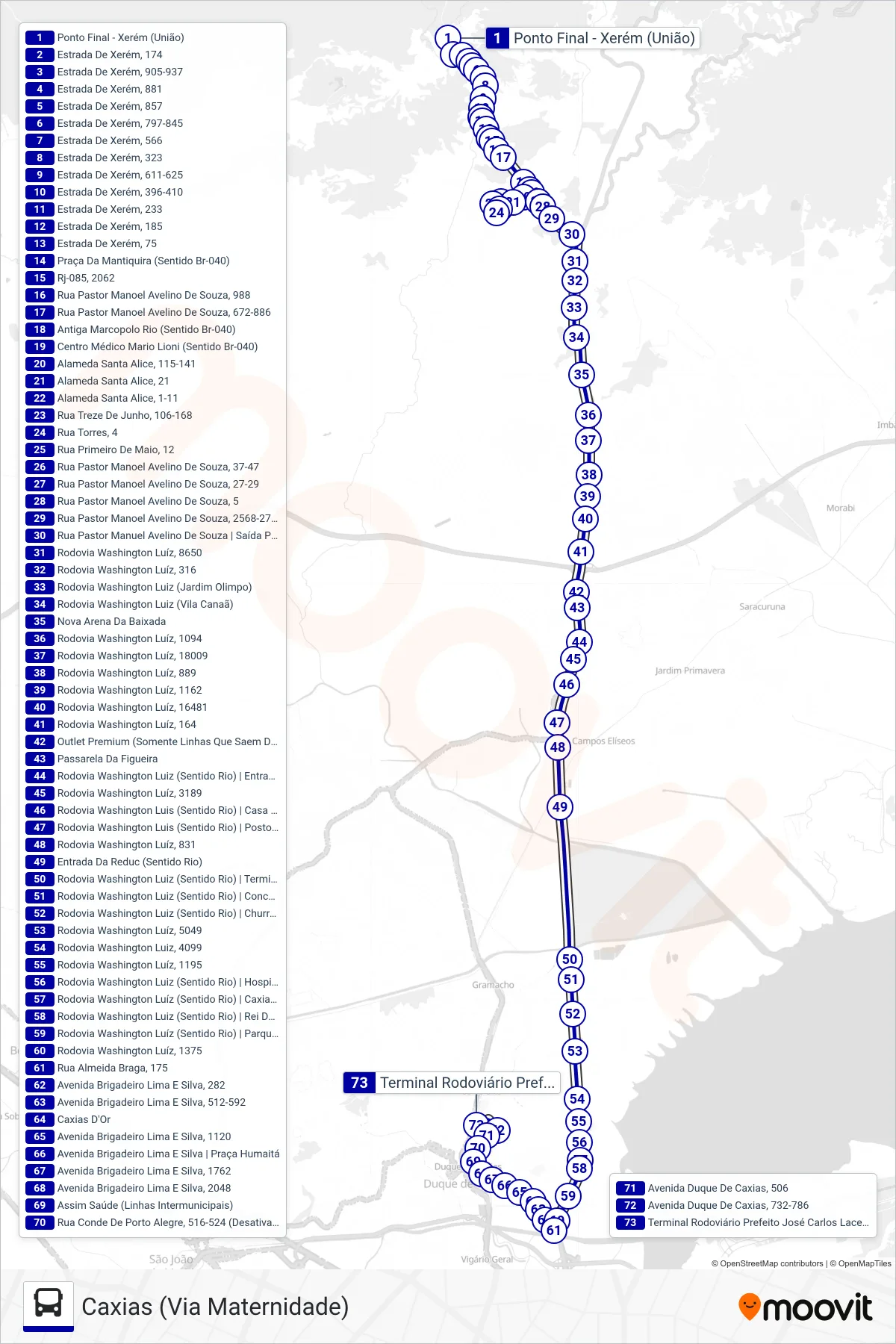 01 bus Line (Caxias (Via Maternidade)) route and stops on a map