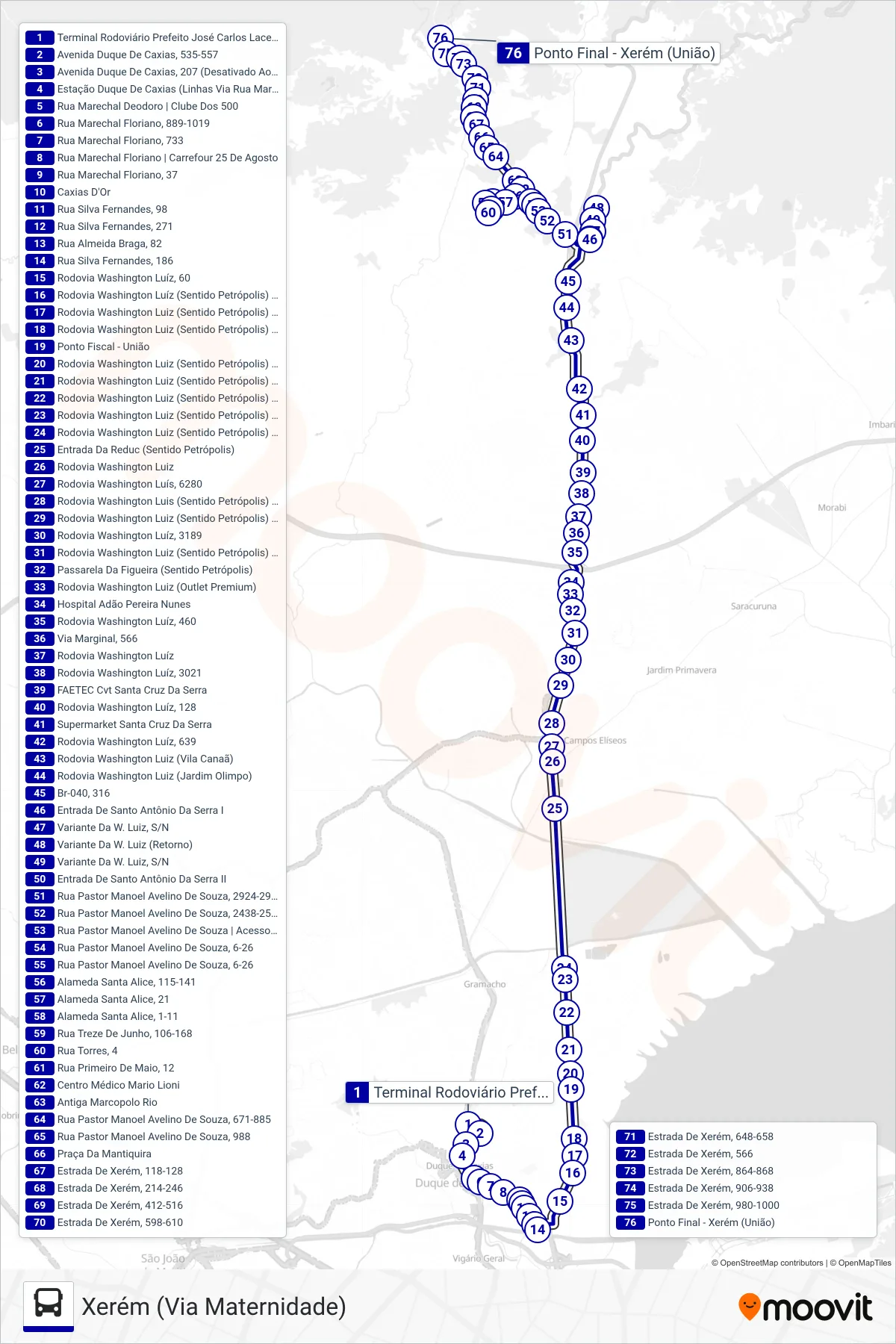 01 bus Line (Xerém (Via Maternidade)) route and stops on a map