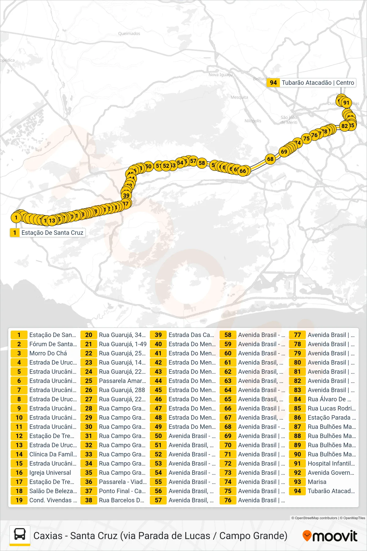 Rota e paradas da linha de ônibus 904T (Caxias) no mapa