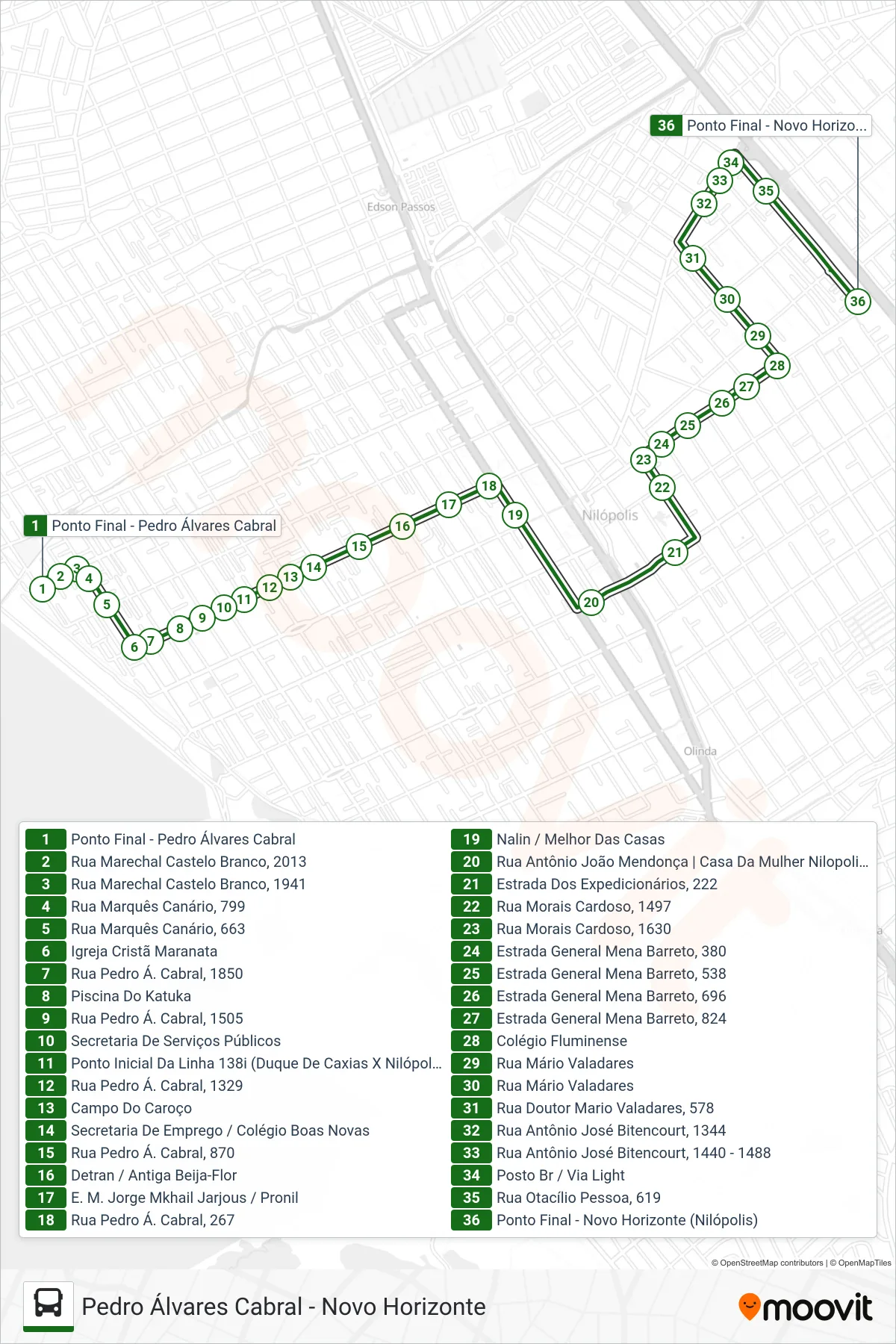 Rota e paradas da linha de ônibus  03  (Novo Horizonte) no mapa