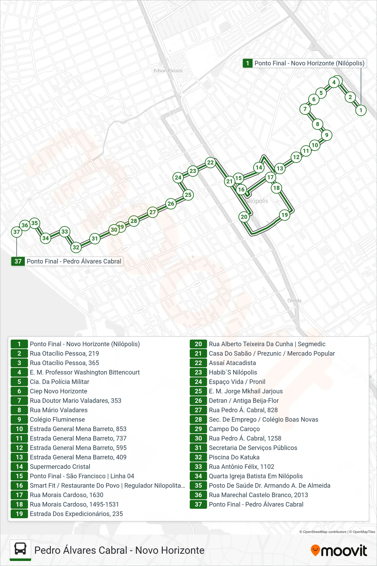 Rota e paradas da linha de ônibus 03 (Pedro Álvares Cabral) no mapa