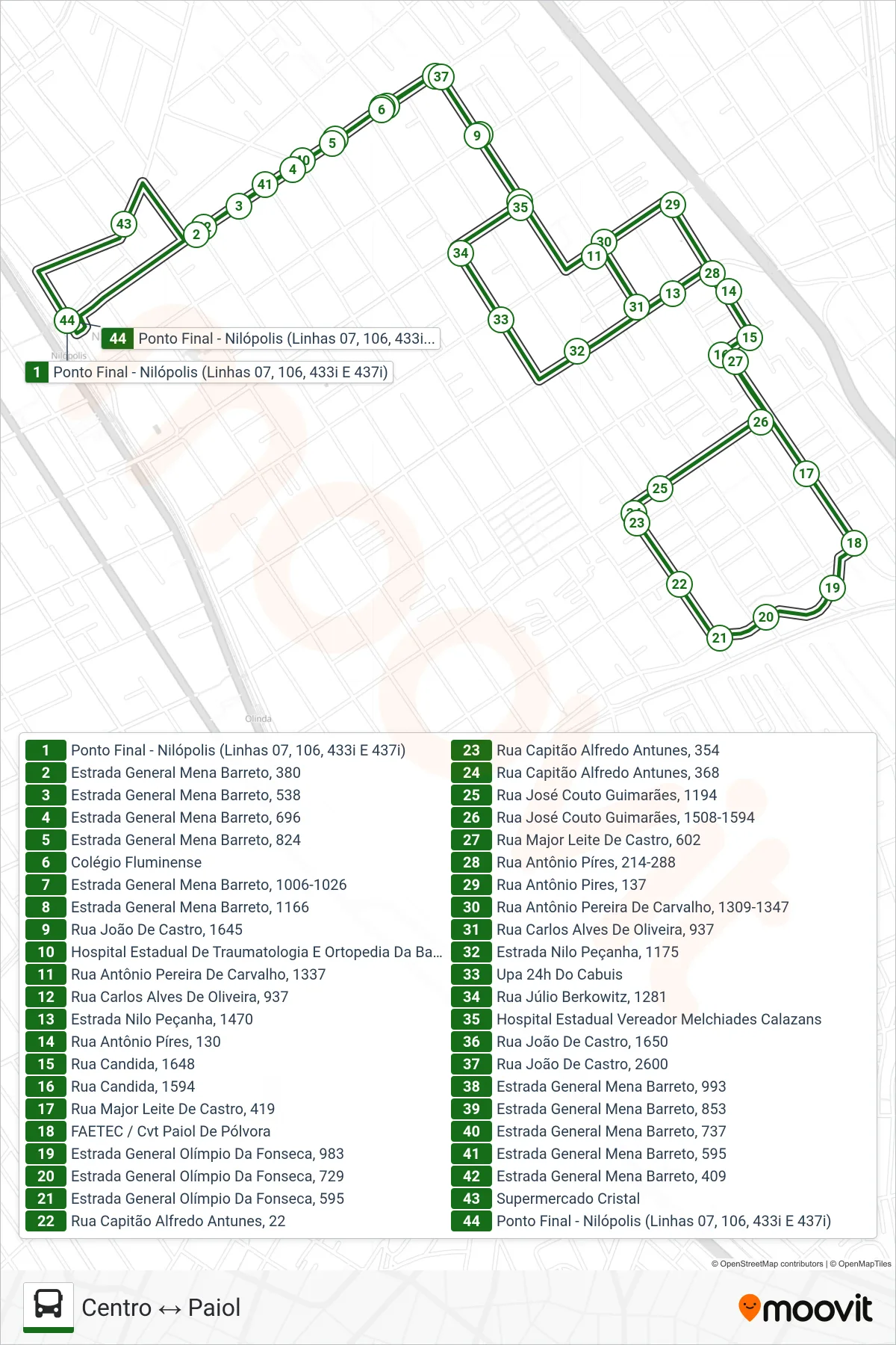 Rota e paradas da linha de ônibus 07 (Centro ↔ Paiol) no mapa