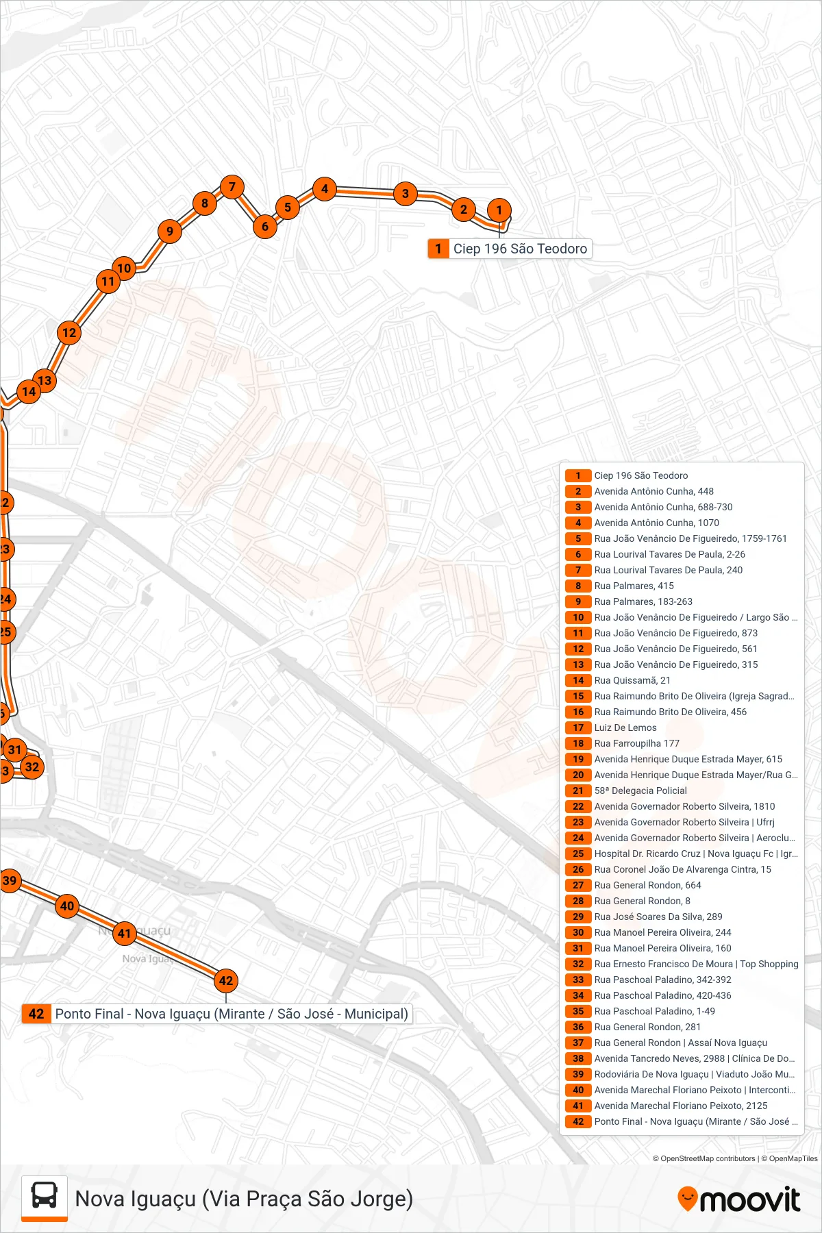 Rota e paradas da linha de ônibus  118  (Nova Iguaçu (Via Praça São Jorge)) no mapa