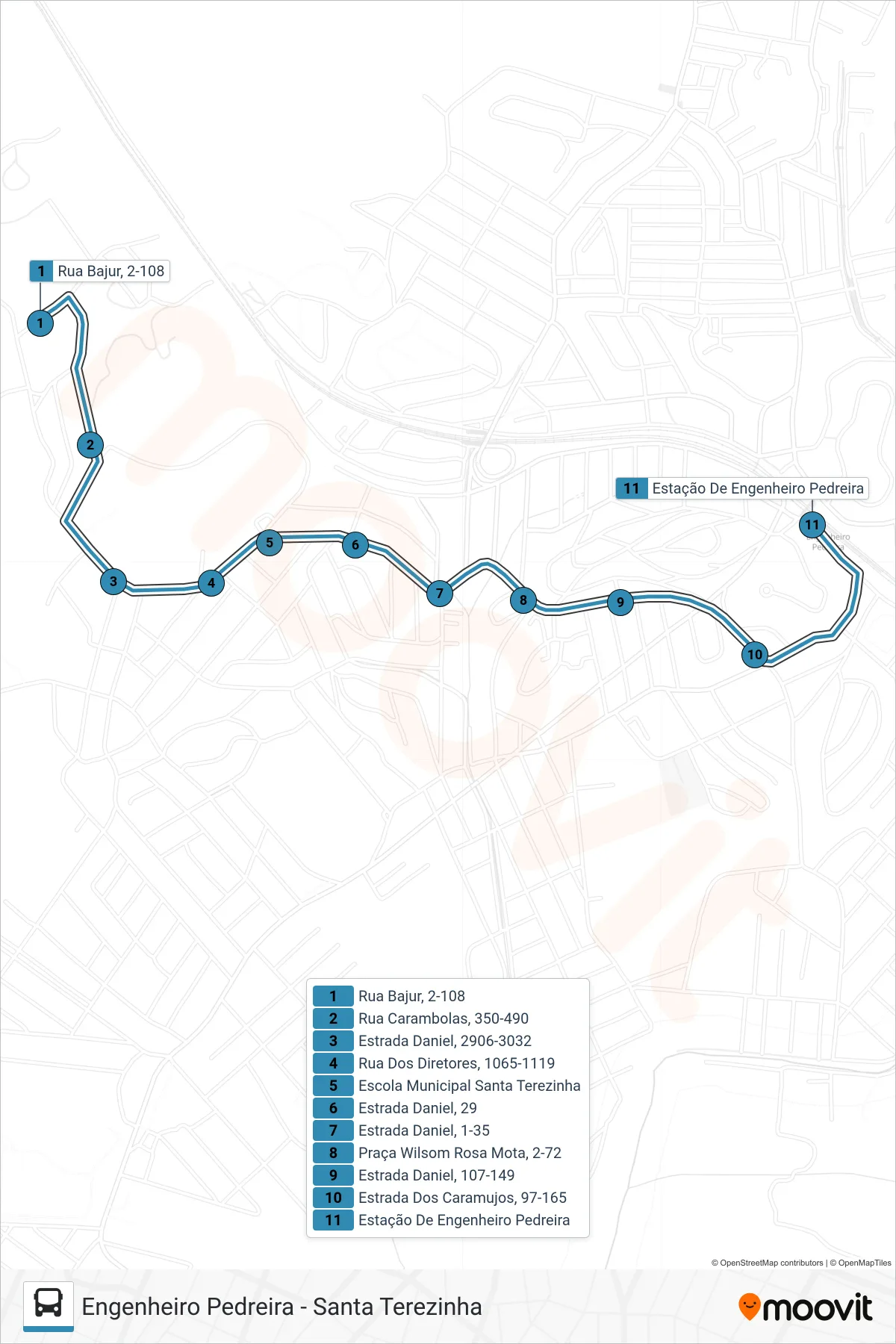 Rota e paradas da linha de ônibus 07 (Engenheiro Pedreira) no mapa