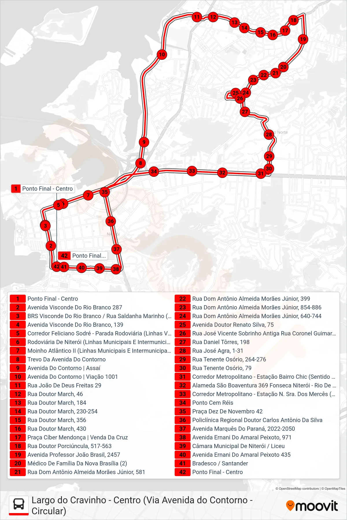 Rota e paradas da linha de ônibus 29 (Circular) no mapa