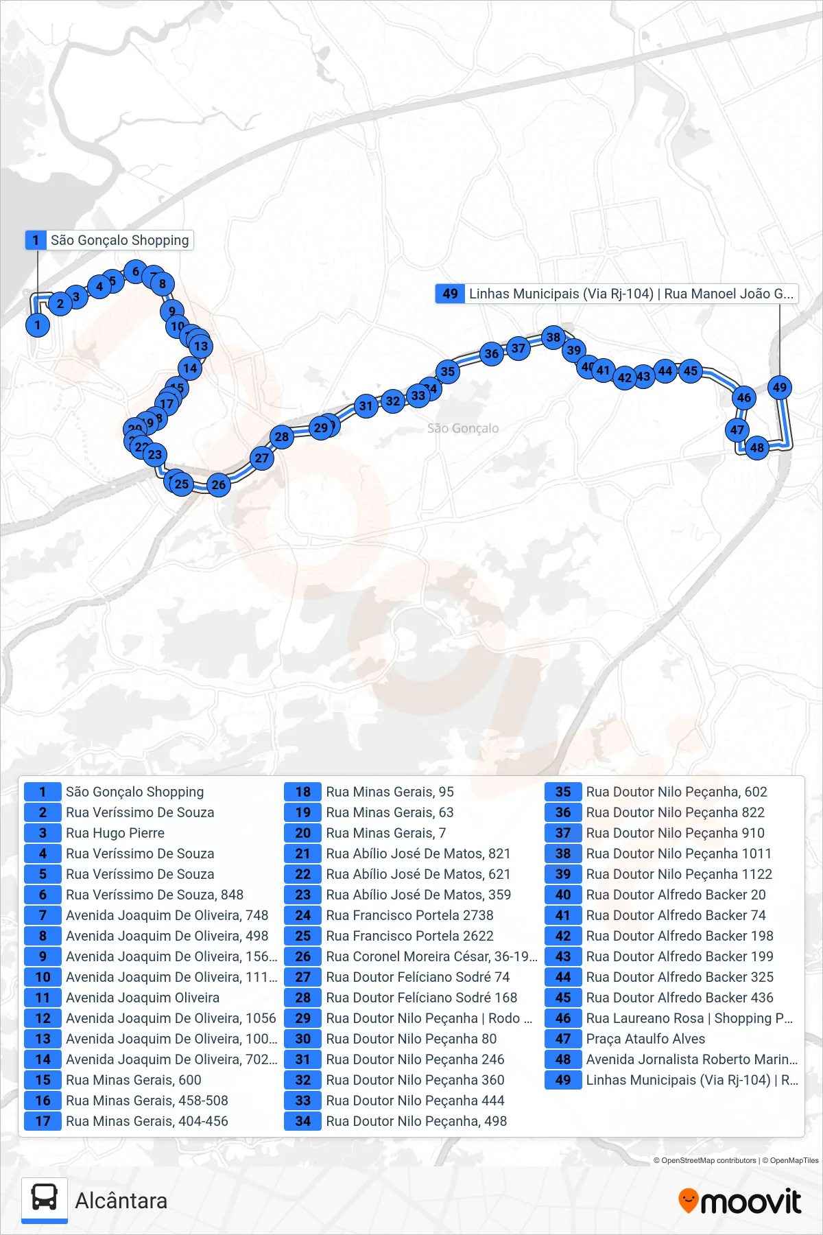 Rota e paradas da linha de ônibus 45 (Alcântara) no mapa