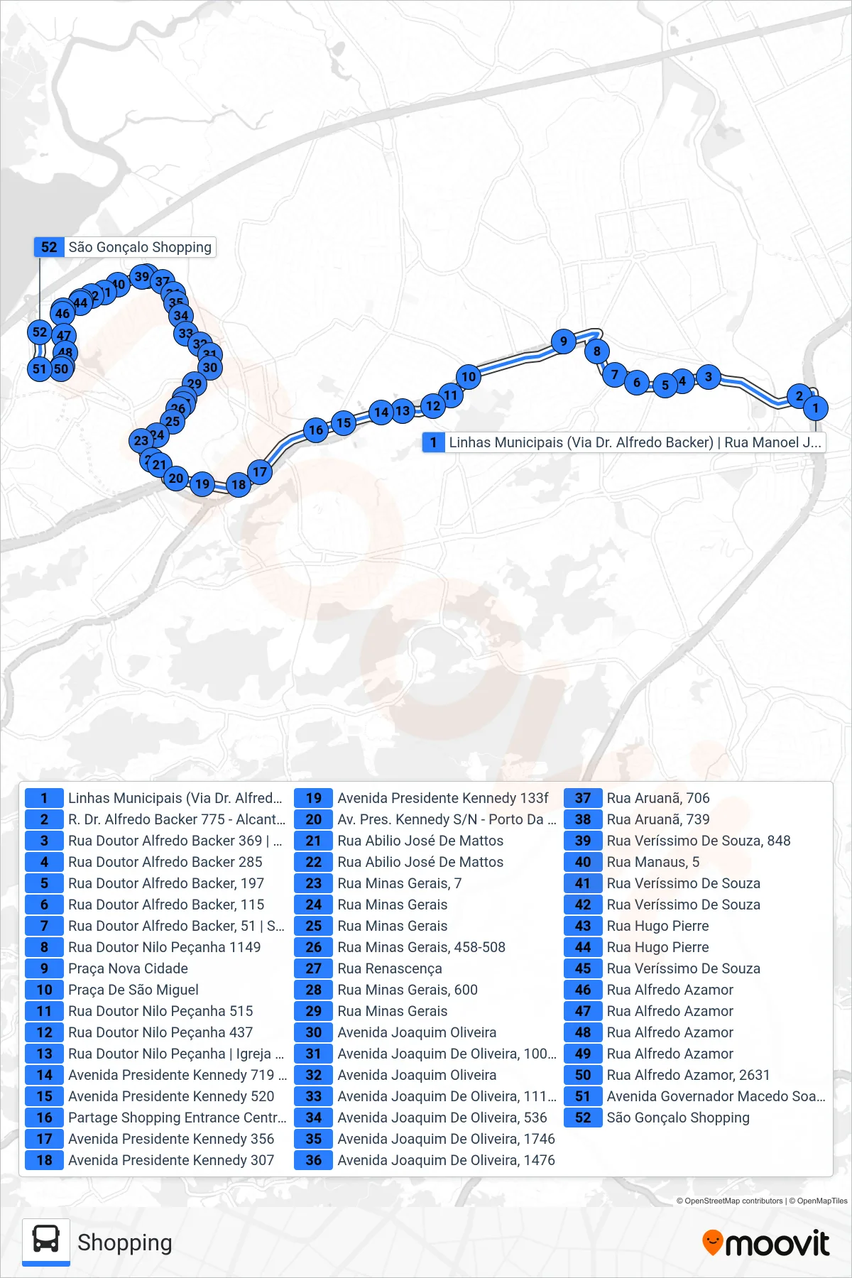 Rota e paradas da linha de ônibus 45 (Shopping) no mapa