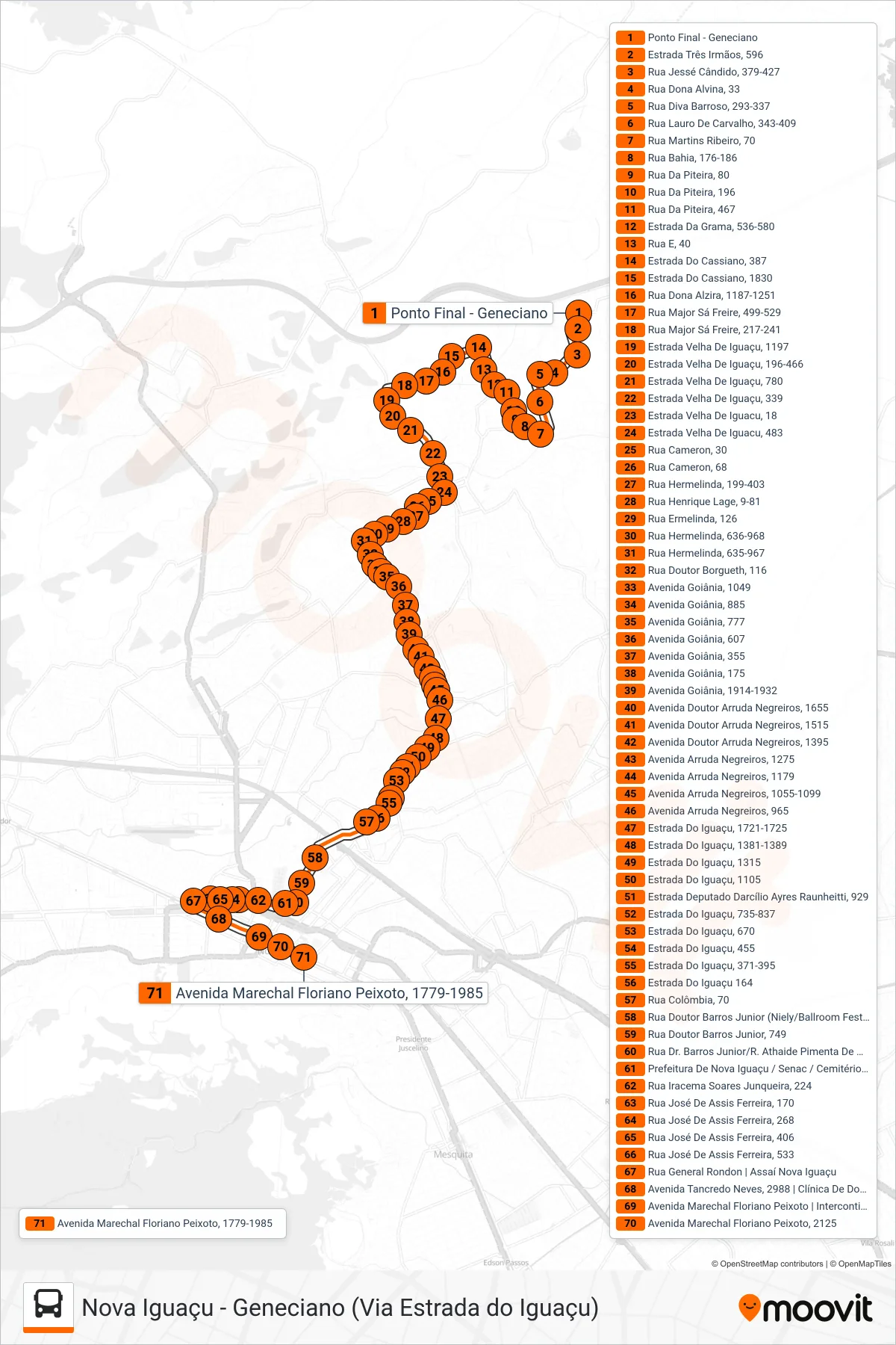 Rota e paradas da linha de ônibus 141 (Nova Iguaçu (Via Estrada Do Iguaçu)) no mapa