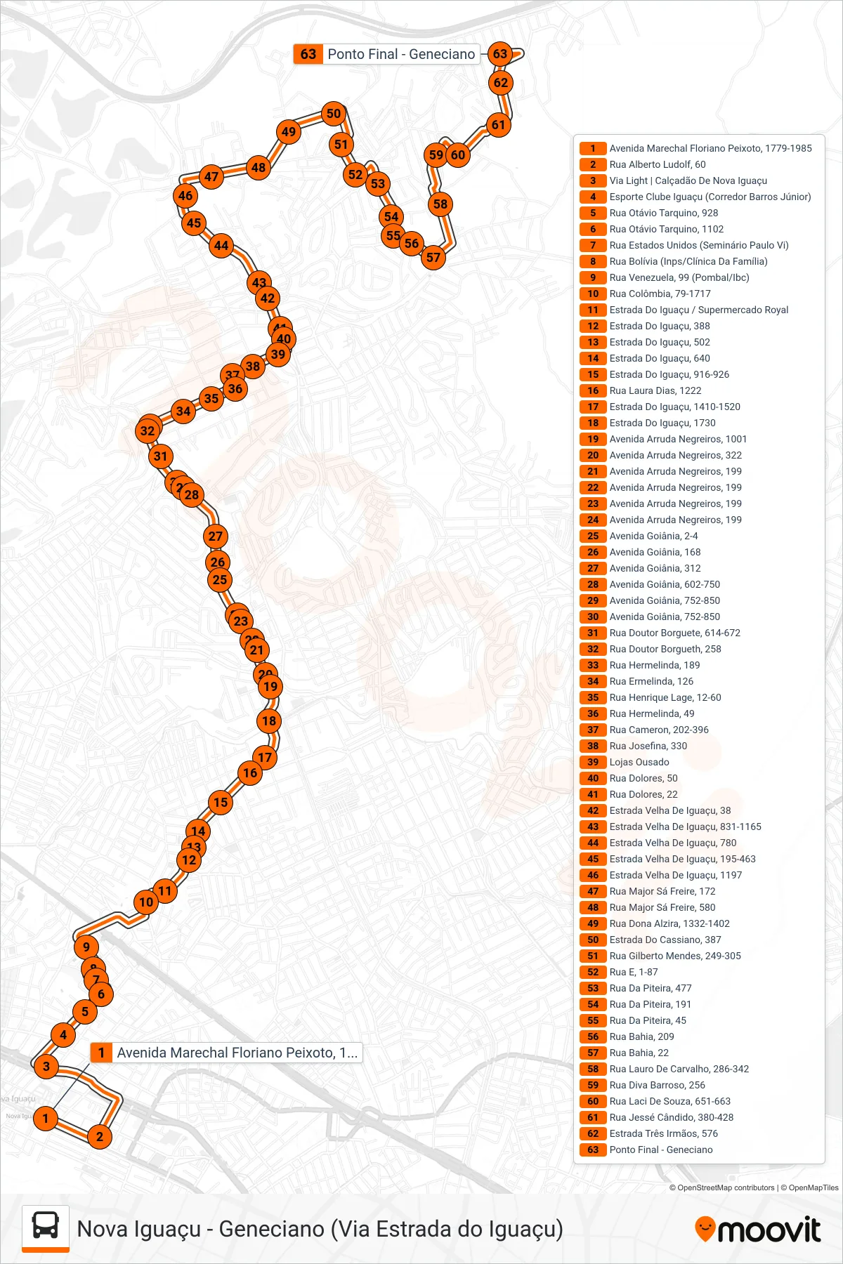 Rota e paradas da linha de ônibus 141 (Geneciano (Via Estrada Do Iguaçu)) no mapa
