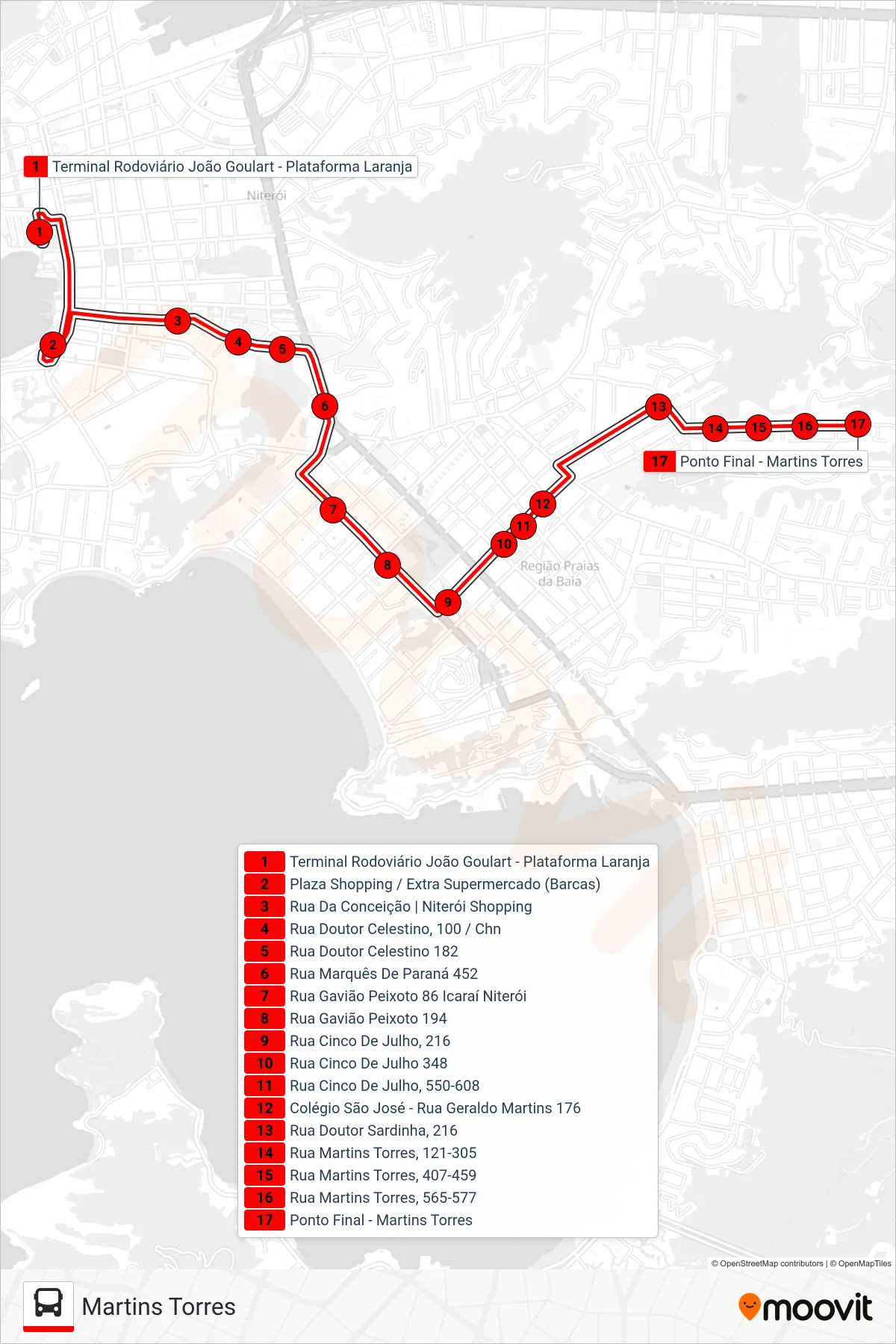 Rota e paradas da linha de ônibus  30  (Martins Torres) no mapa