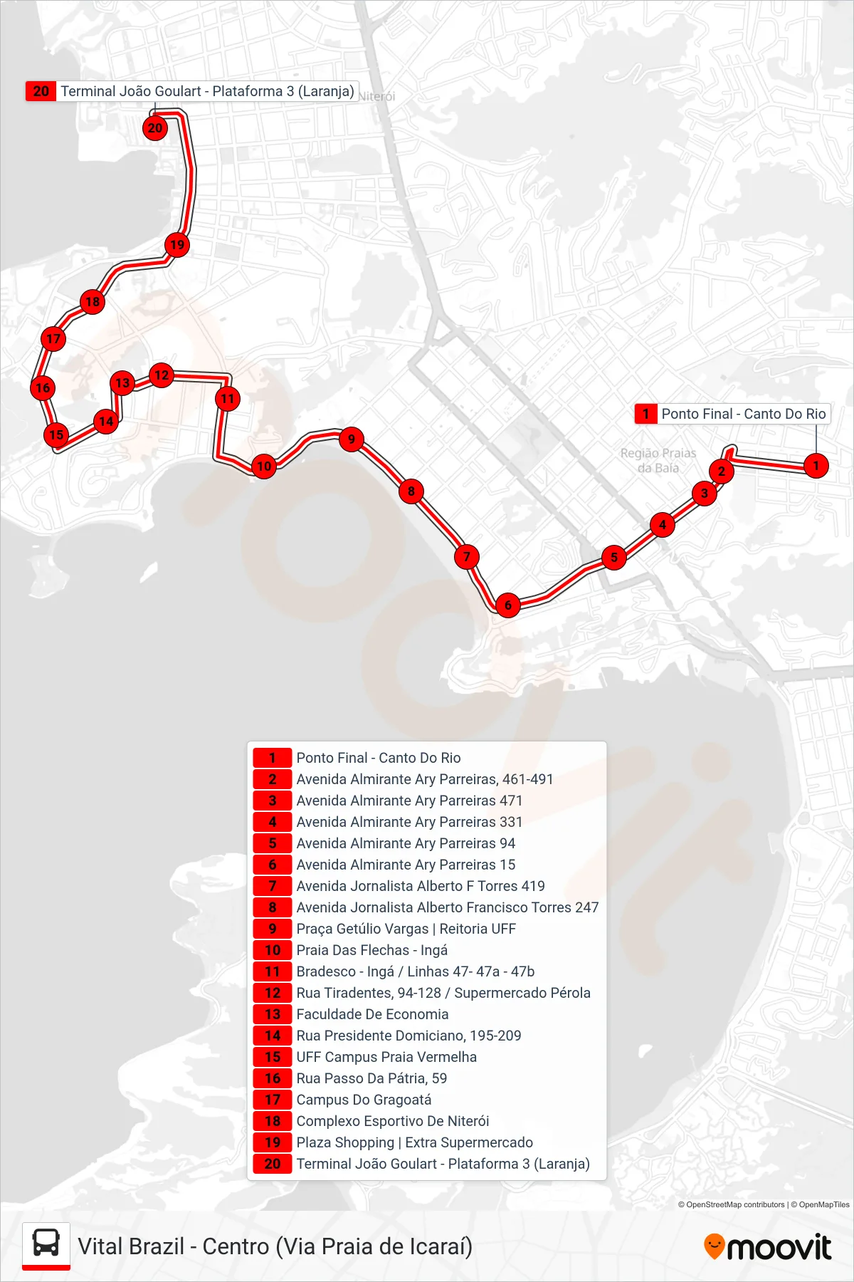 Rota e paradas da linha de ônibus 47 (Centro) no mapa