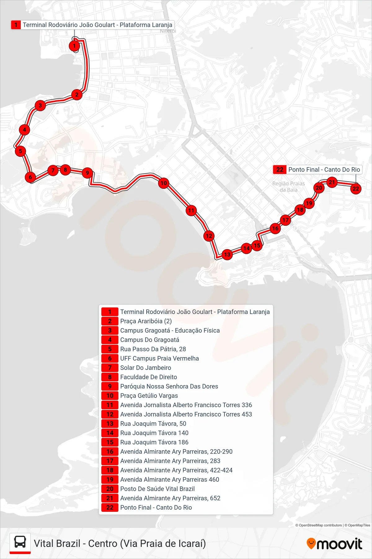 Rota e paradas da linha de ônibus 47 (Canto Do Rio) no mapa