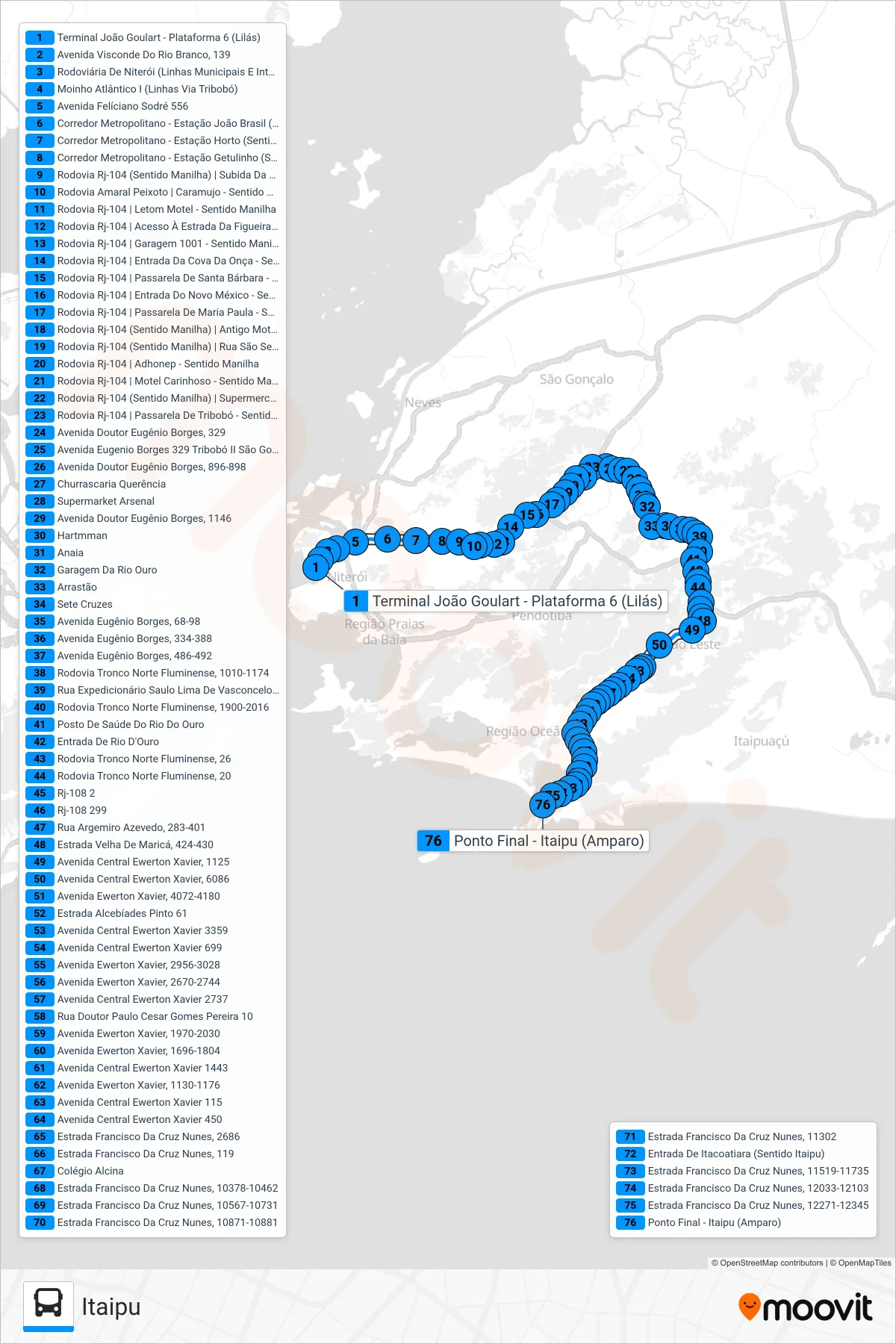 Rota e paradas da linha de ônibus 538R (Itaipu) no mapa