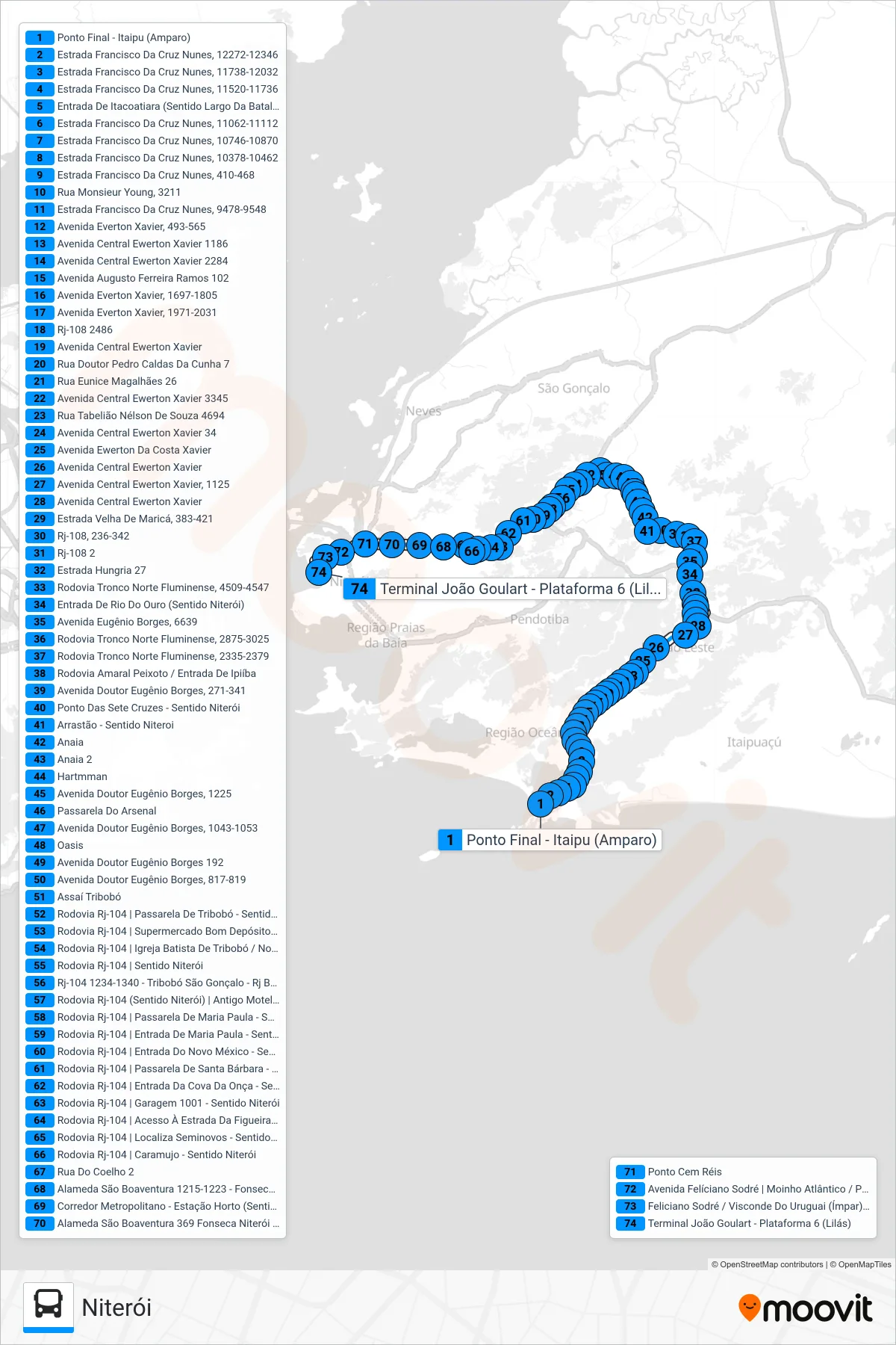 Rota e paradas da linha de ônibus 538R (Niterói) no mapa
