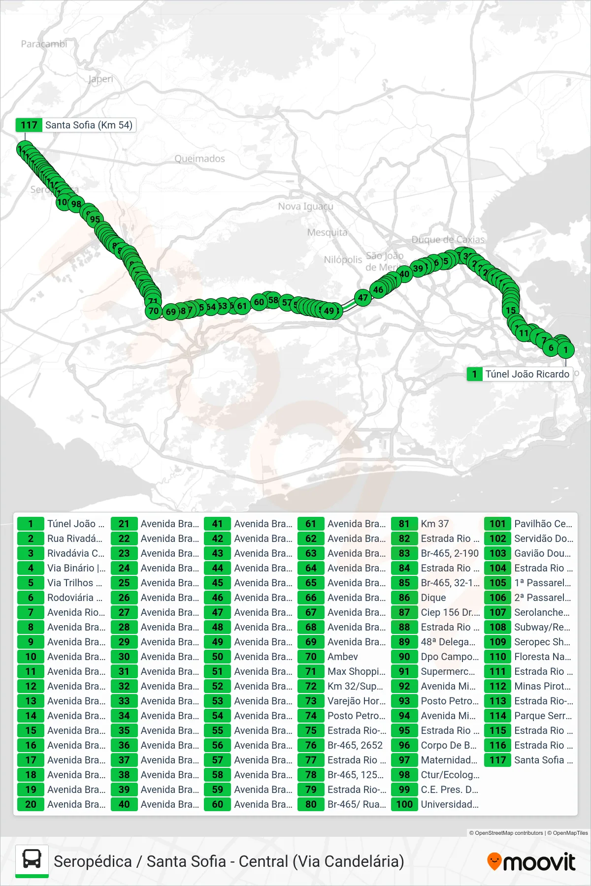 Rota e paradas da linha de ônibus  441B  (Seropédica / Santa Sofia (Parador)) no mapa
