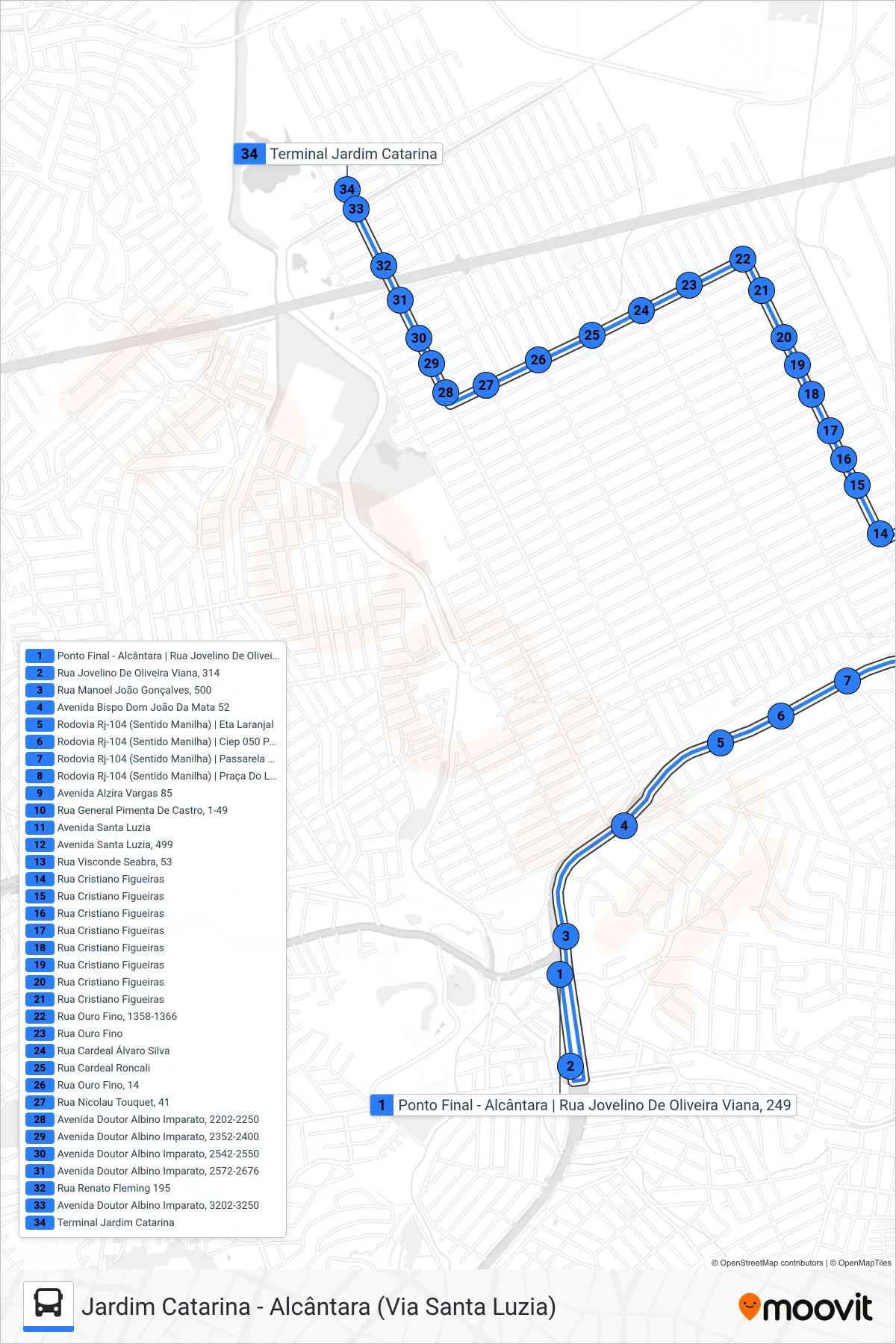 Rota e paradas da linha de ônibus 12C (Jardim Catarina) no mapa