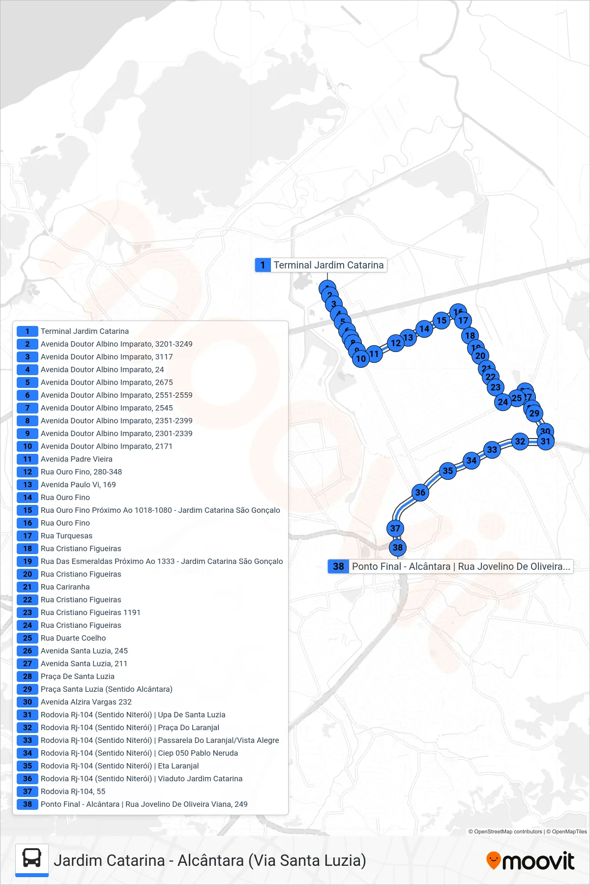 Rota e paradas da linha de ônibus 12C (Alcântara) no mapa
