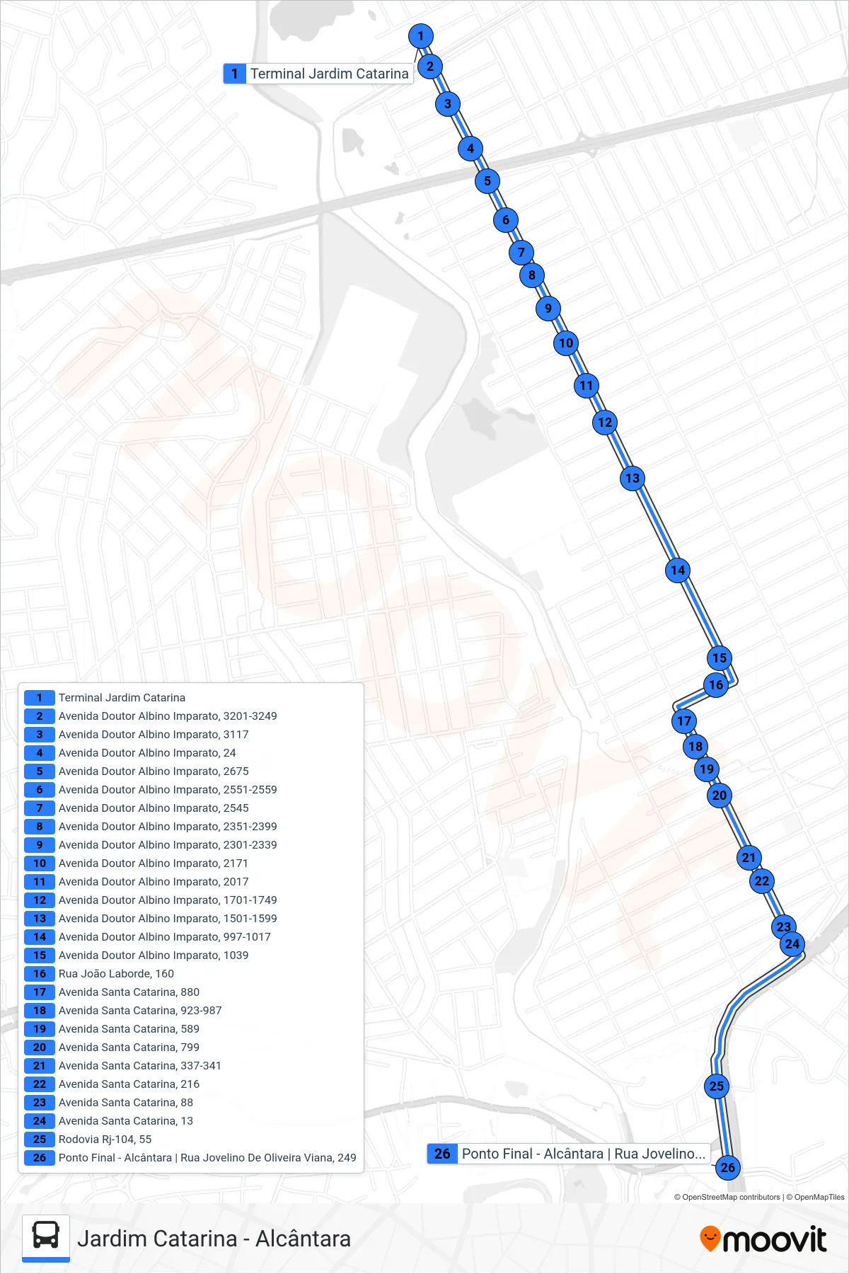 Rota e paradas da linha de ônibus 13C (Alcântara) no mapa