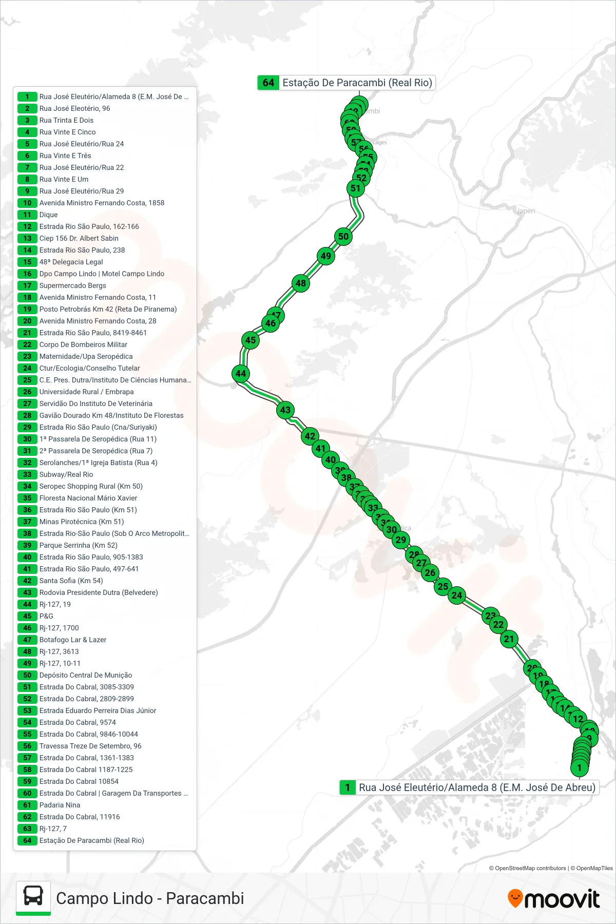 Rota e paradas da linha de ônibus 437P (Paracambi) no mapa