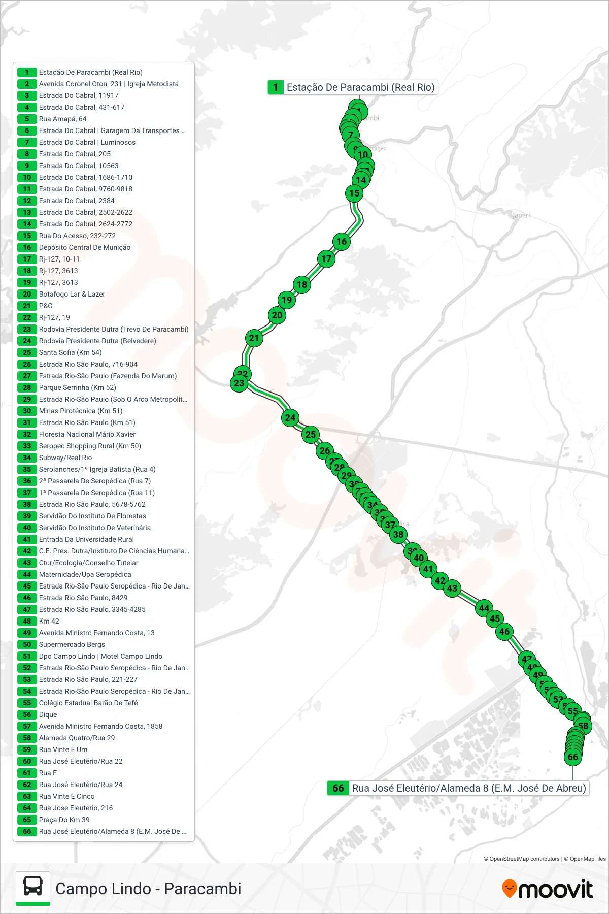 Rota e paradas da linha de ônibus 437P (Campo Lindo (Seropédica)) no mapa