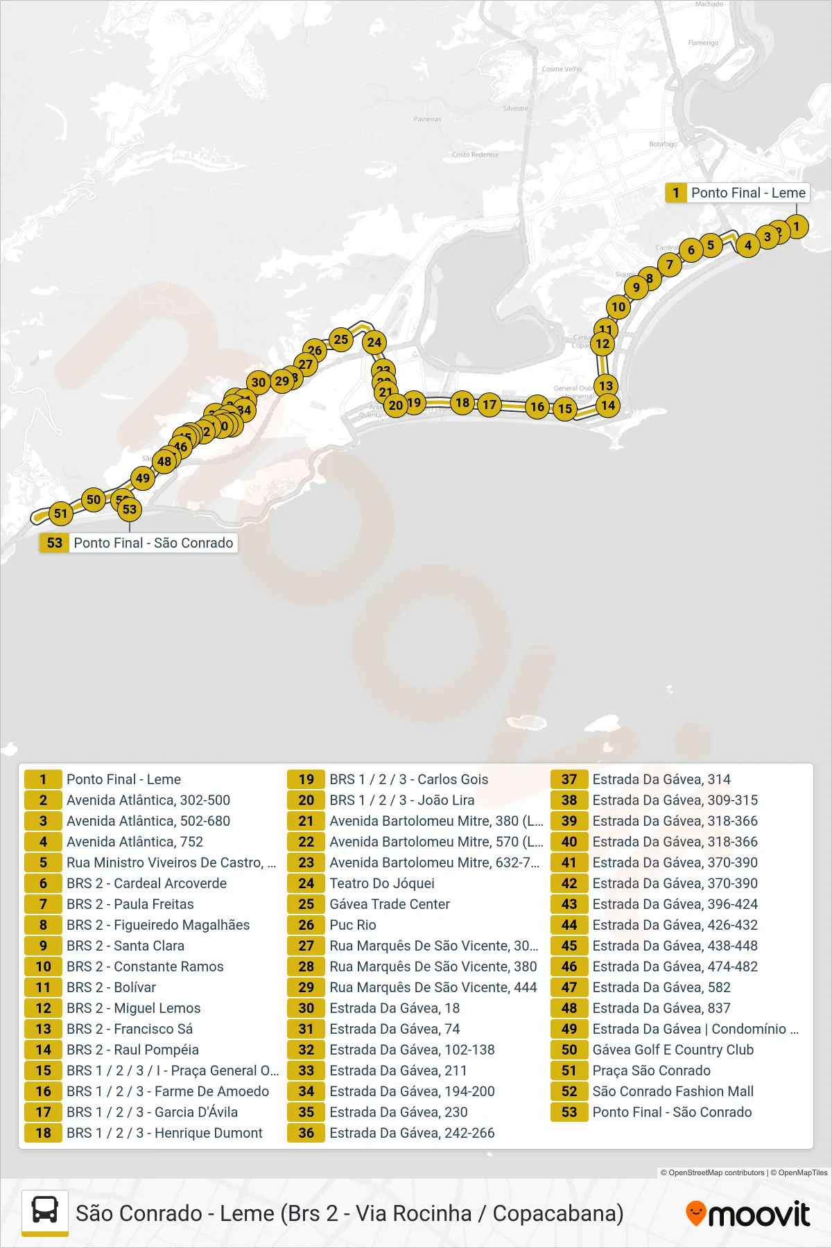Rota e paradas da linha de ônibus 539 (São Conrado) no mapa