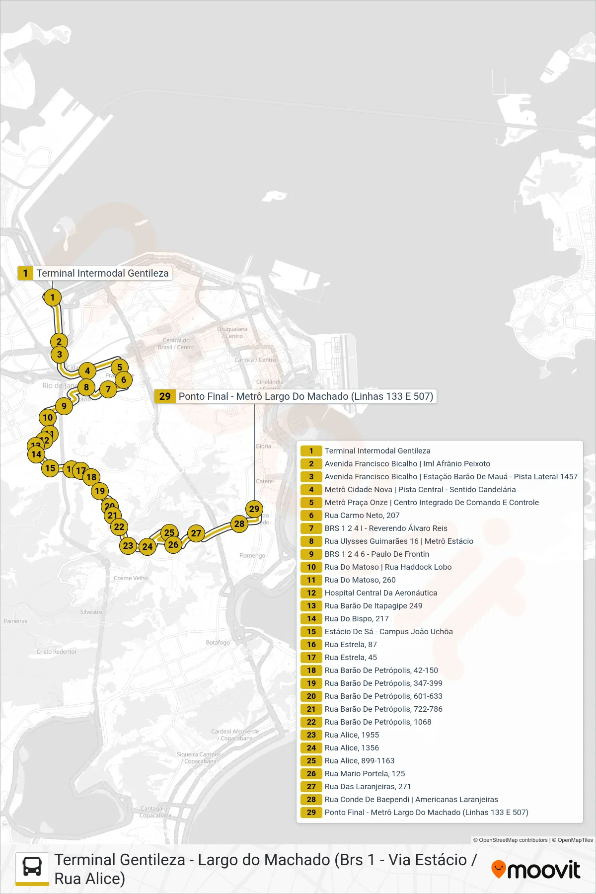 Rota e paradas da linha de ônibus 133 (Largo Do Machado) no mapa