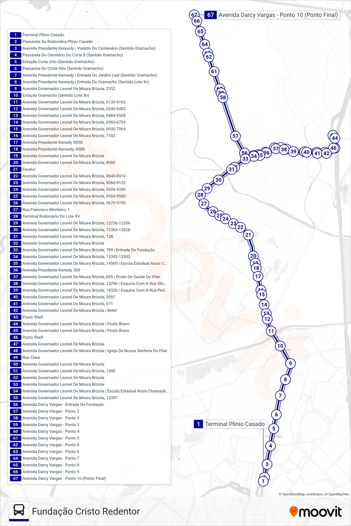 Rota e paradas da linha de ônibus 557I (Fundação Cristo Redentor) no mapa