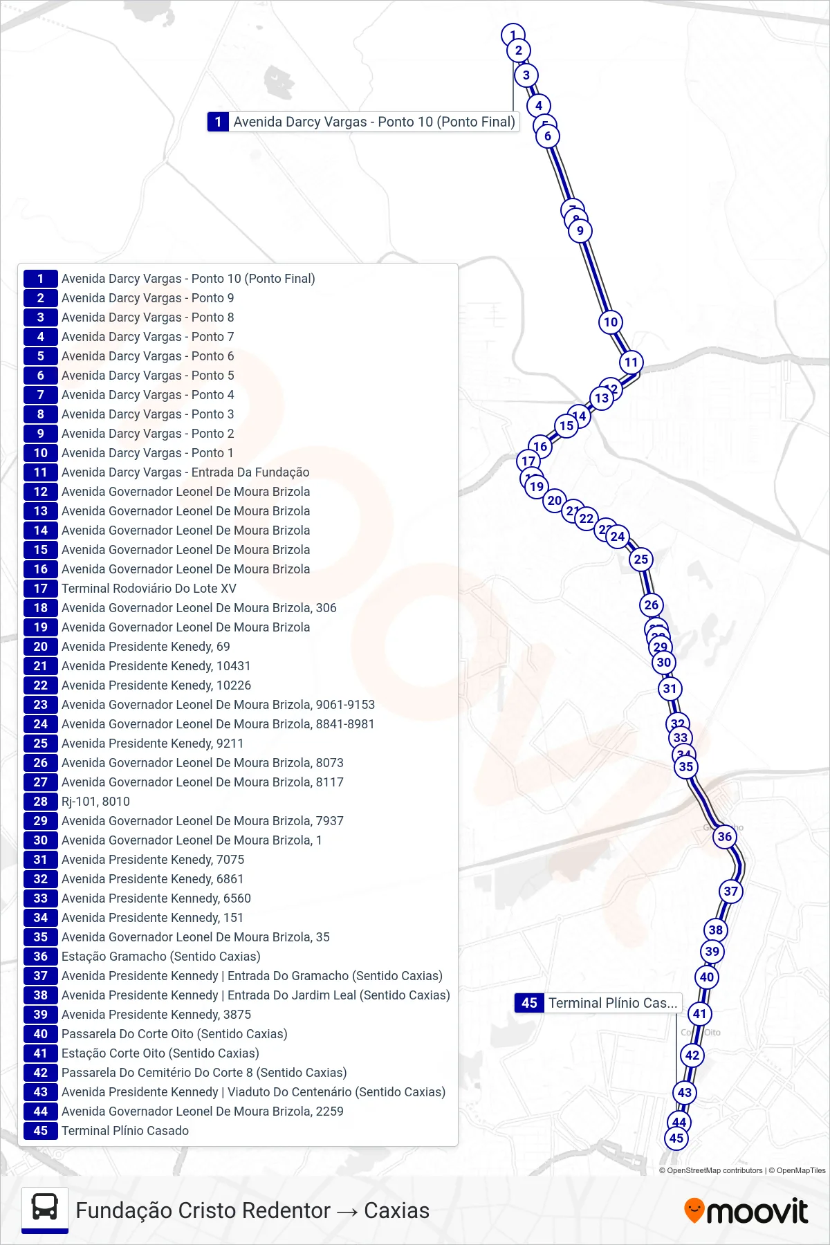 Rota e paradas da linha de ônibus 557I (Fundação Cristo Redentor → Caxias) no mapa
