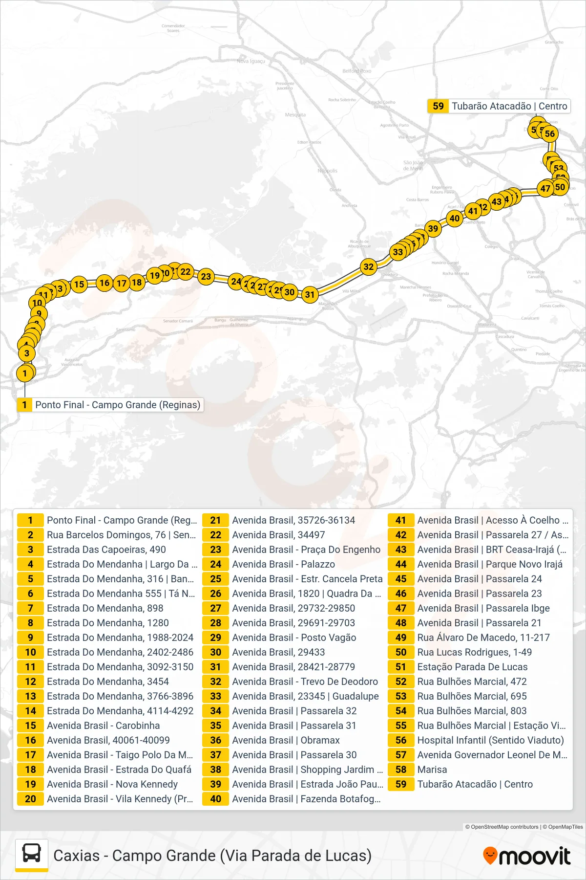 Rota e paradas da linha de ônibus 564T (Caxias) no mapa