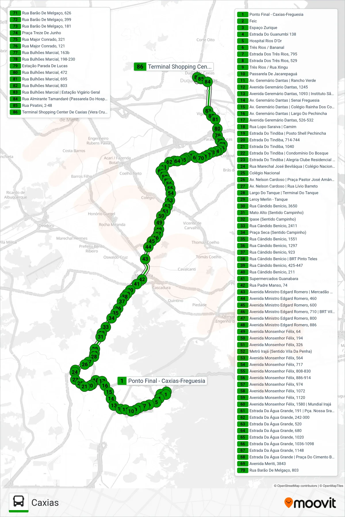 Rota e paradas da linha de ônibus 561 (Caxias) no mapa
