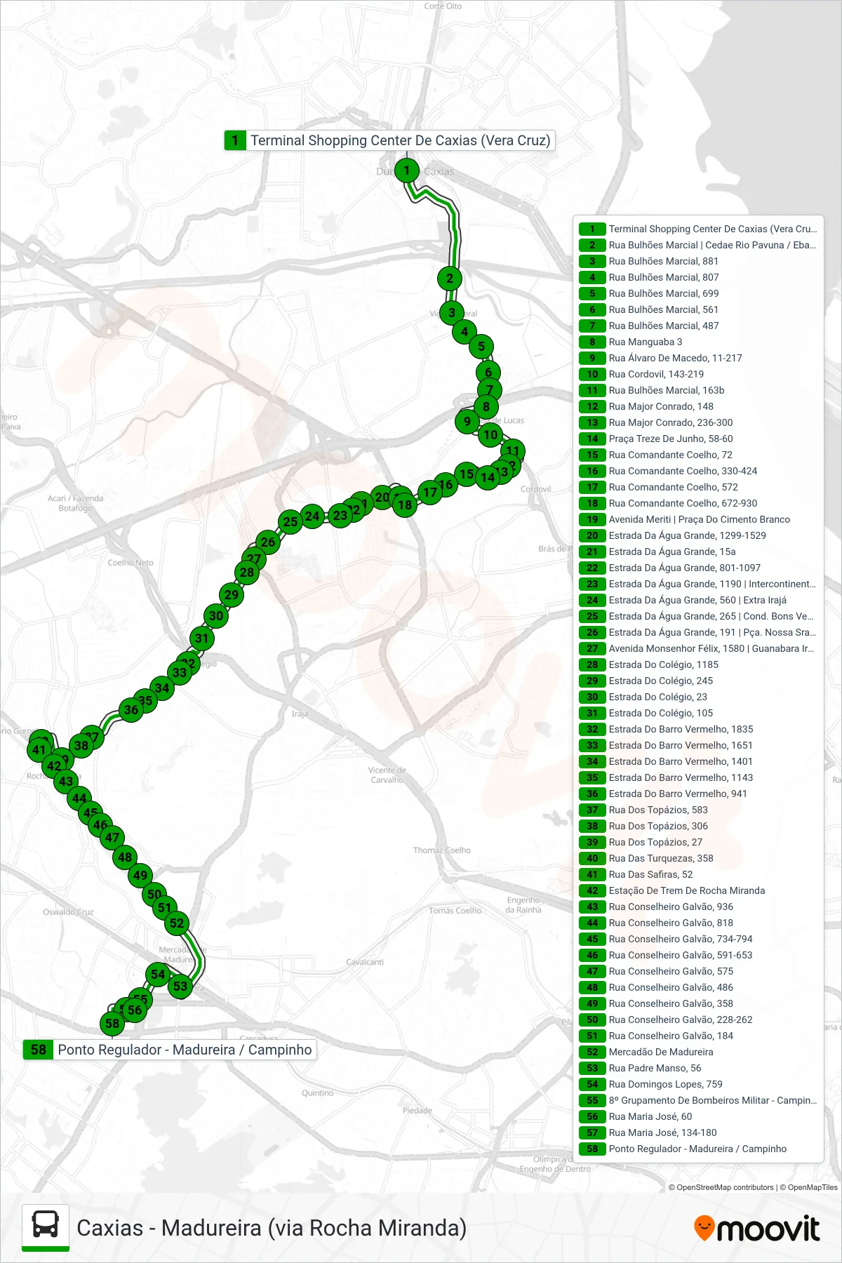 Rota e paradas da linha de ônibus 569 (Madureira) no mapa